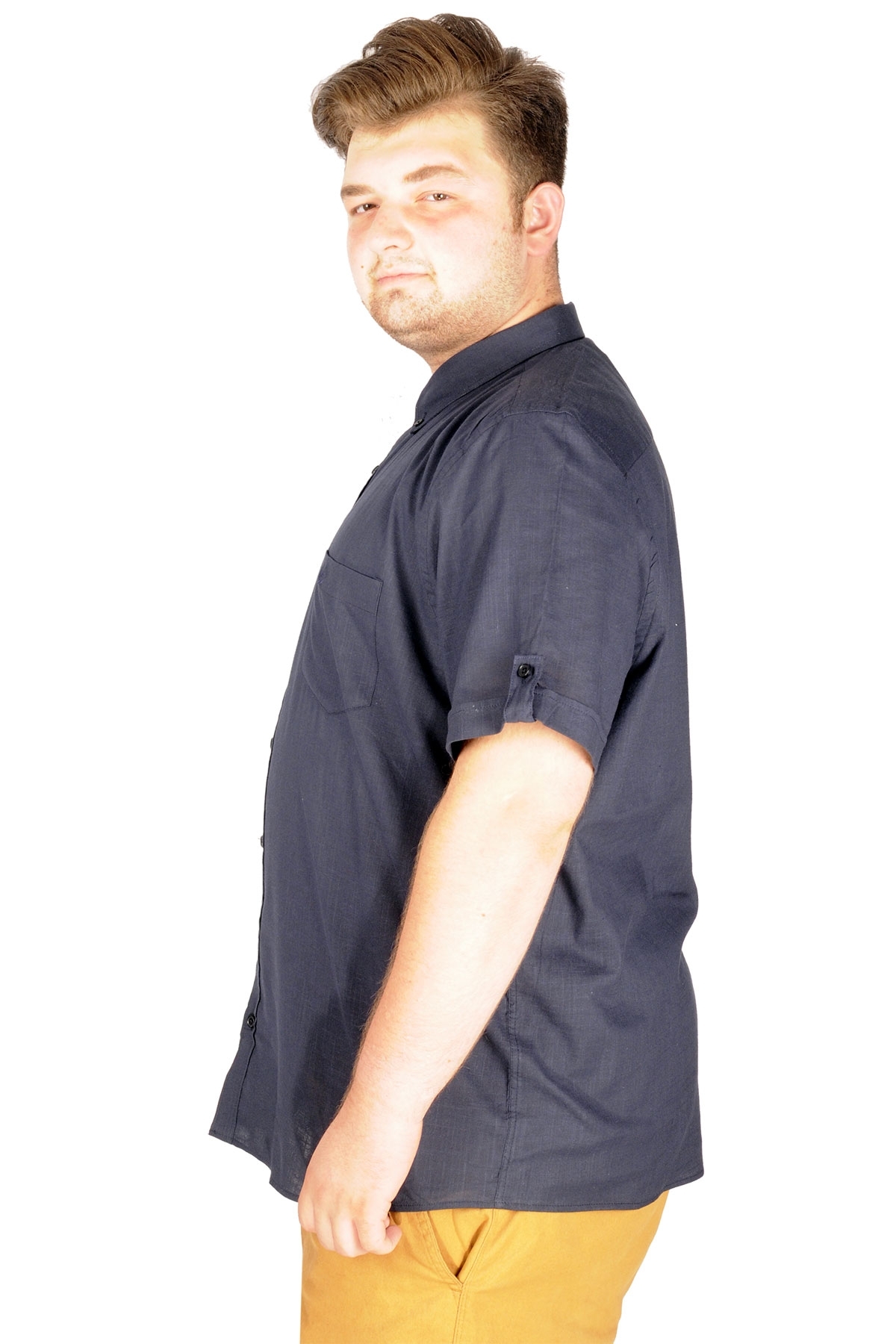 ModeXL Büyük Beden Erkek Keten Likralı K.kol Hakim Yaka Gömlek Cepli 20389 görsel 2