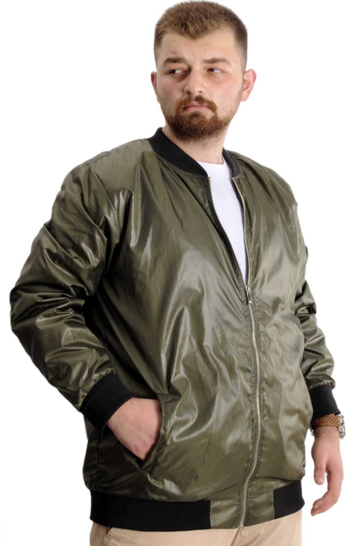 ModeXL Mode XL Büyük Beden Erkek YAZLIK INCE Kolej Mont Fermuarlı Jesica 22612 Haki görsel 3