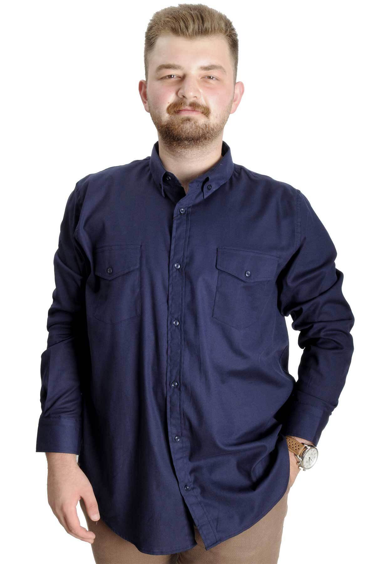 ModeXL Mode XL Büyük Beden Gömlek Gabardin Çift Cep Kapaklı 20360 Lacivert