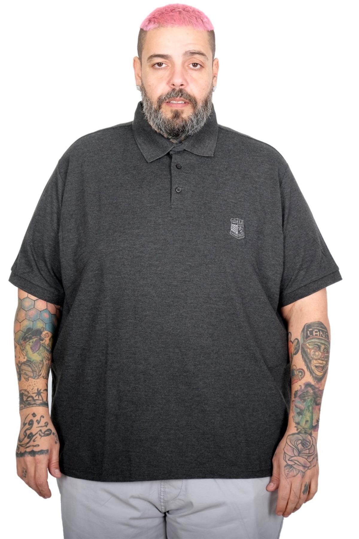 Mode XL Plus Size Men's T-Shirt Polo Neck Embroidered Classic Quilting 20553 Anthracite