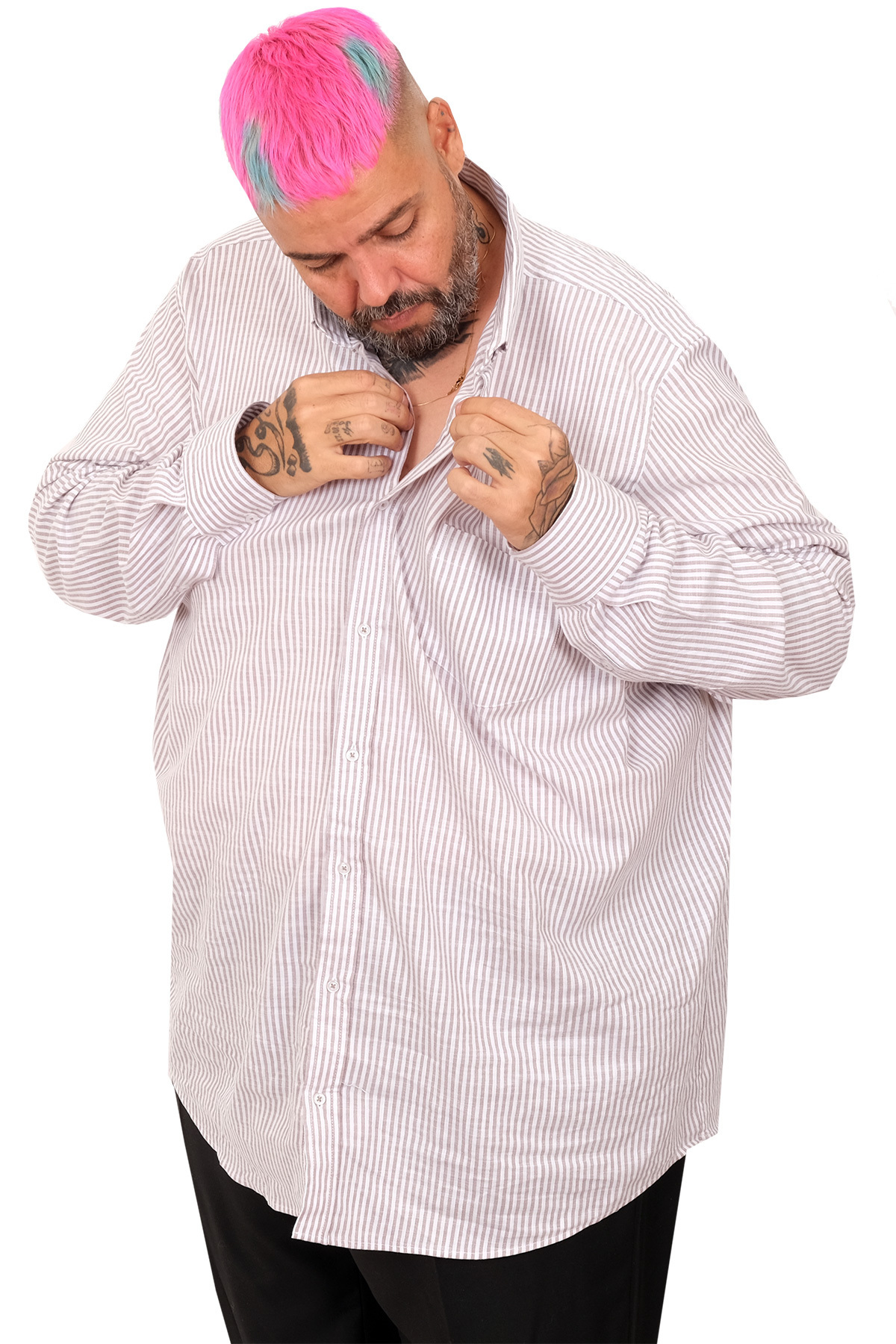 ModeXL Mode XL Büyük Beden EKSTRA UZUN BOY Keten Likralı Gömlek 20384 BEJ görsel 3