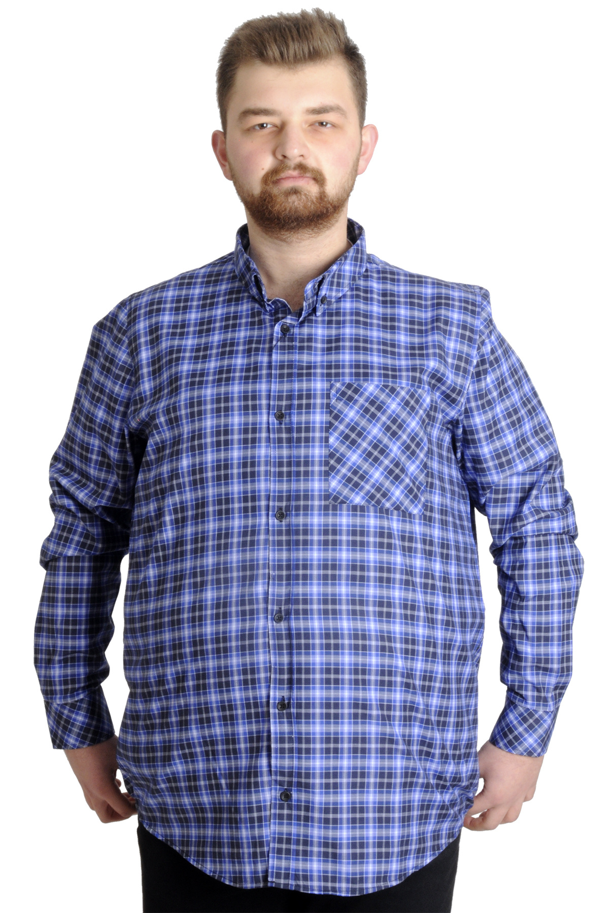 ModeXL Mode XL Büyük Beden Erkek Gömlek Ekose Uzun Kollu 23300 Koyu Saks