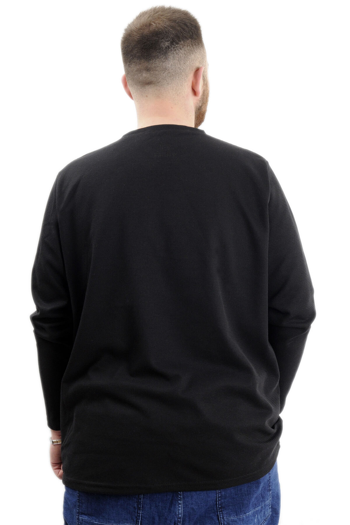 ModeXL Mode XL Büyük Beden Erkek Sweatshirt Bisiklet Yaka Uzun Kol WAFFLE 23460 Siyah görsel 4