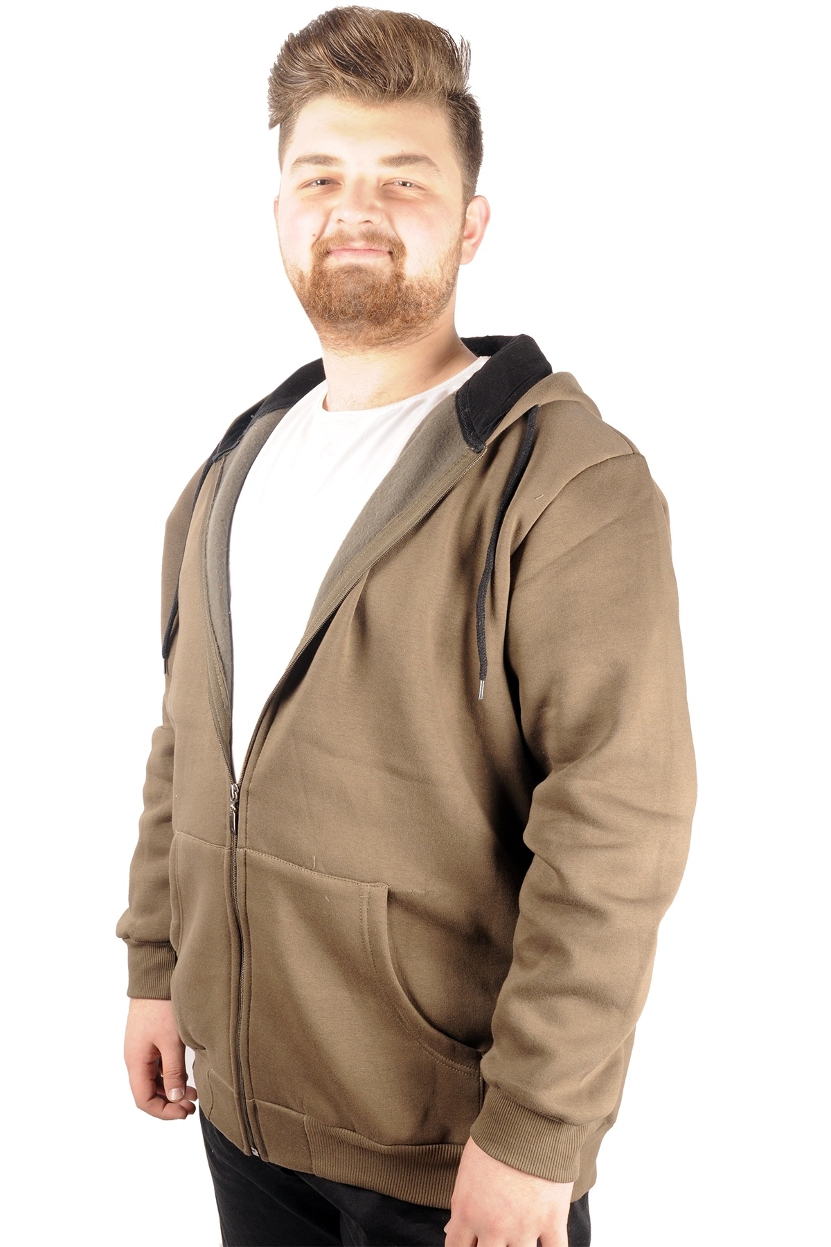 ModeXL Mode XL Erkek Sweatshirt Kapşonlu Zippered Basic 20543 Haki görsel 2