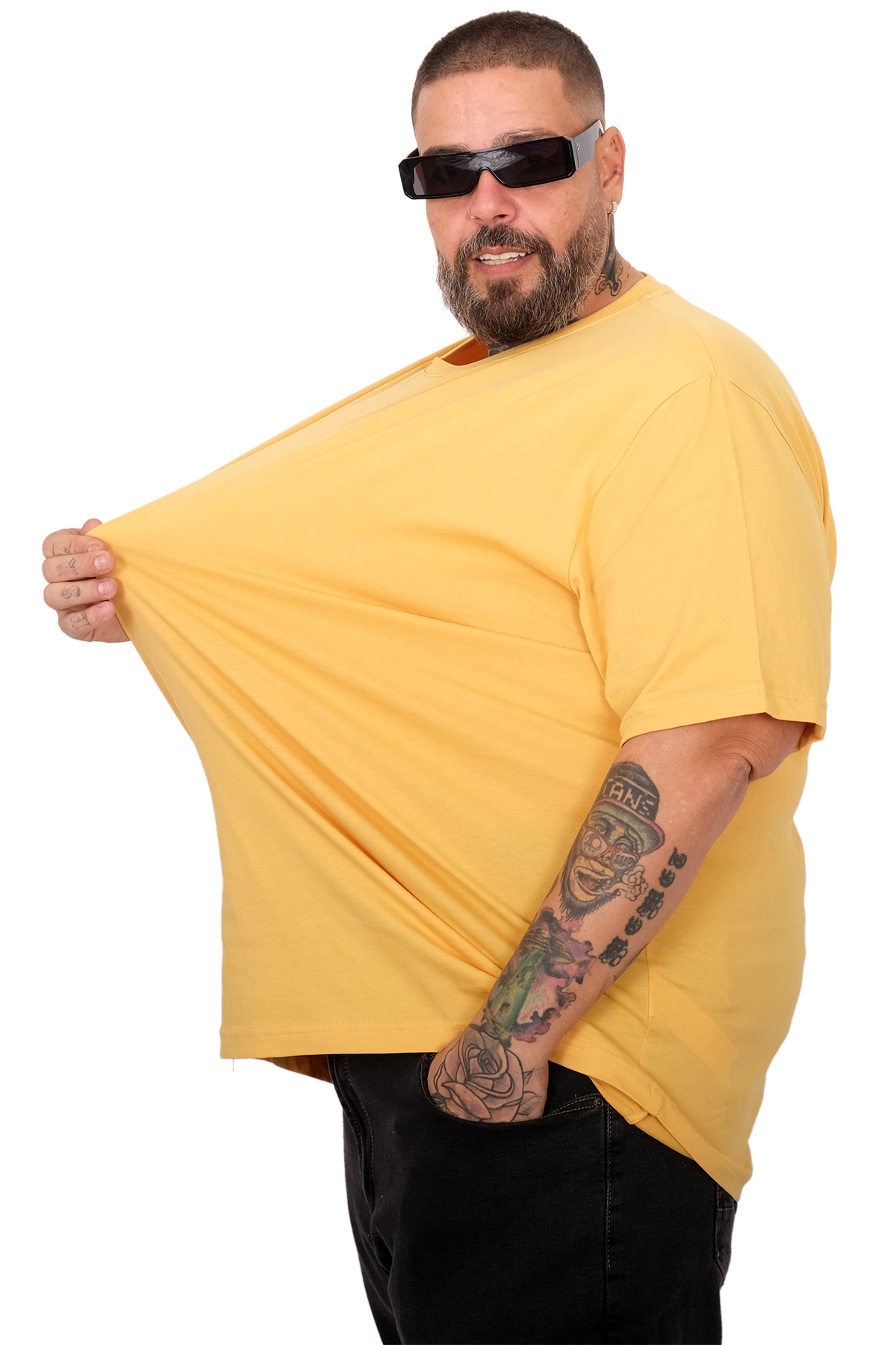 ModeXL Büyük Beden Erkek Bisiklet Yaka Basic T-Shirt %100 Pamuk 20031 hardal görsel 3