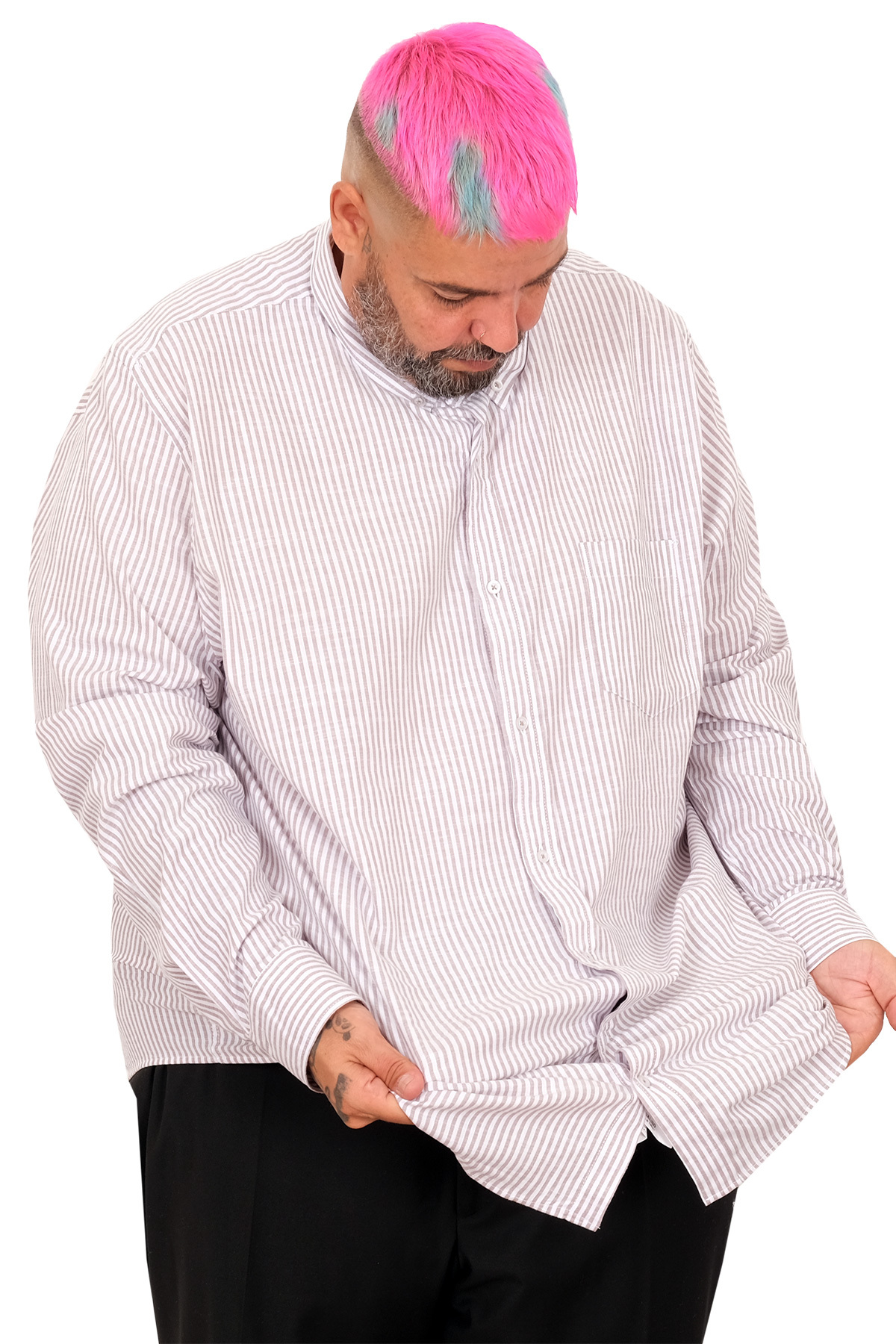 ModeXL Mode XL Büyük Beden EKSTRA UZUN BOY Keten Likralı Gömlek 20384 BEJ görsel 2