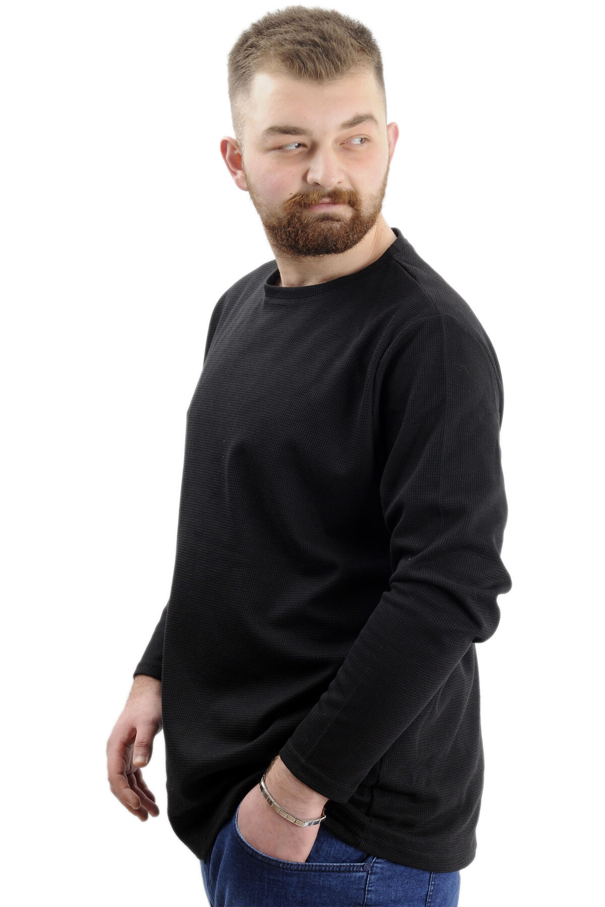 ModeXL Mode XL Büyük Beden Erkek Sweatshirt Bisiklet Yaka Uzun Kol WAFFLE 23460 Siyah görsel 2