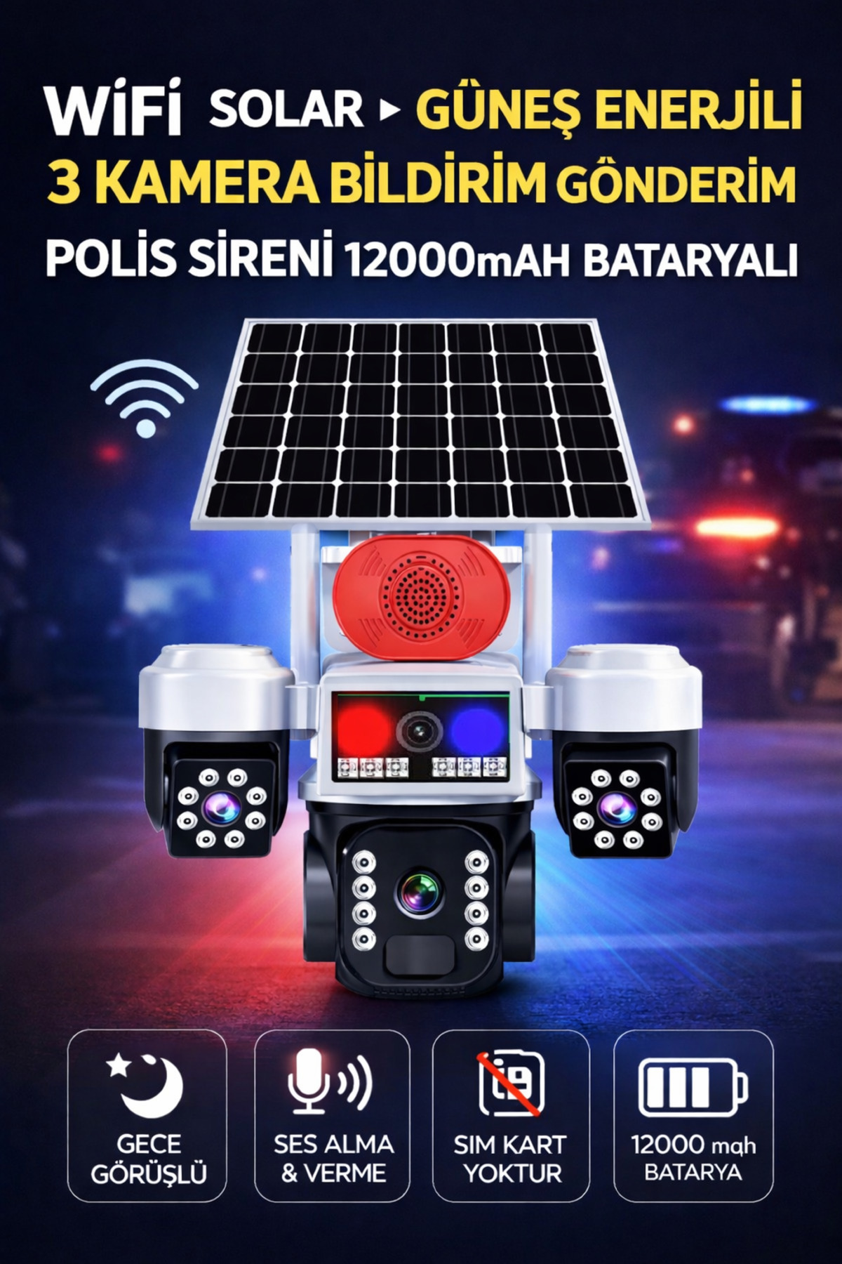 3-Camera Solar Powered Wi-Fi Security Camera 15MP, 20m Motion Detection, Night Vision
