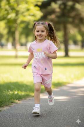 coppa kids Run Baskılı Penye Şort- T-shirt Kız-erkek Takım - Coppa - Pembe - ...