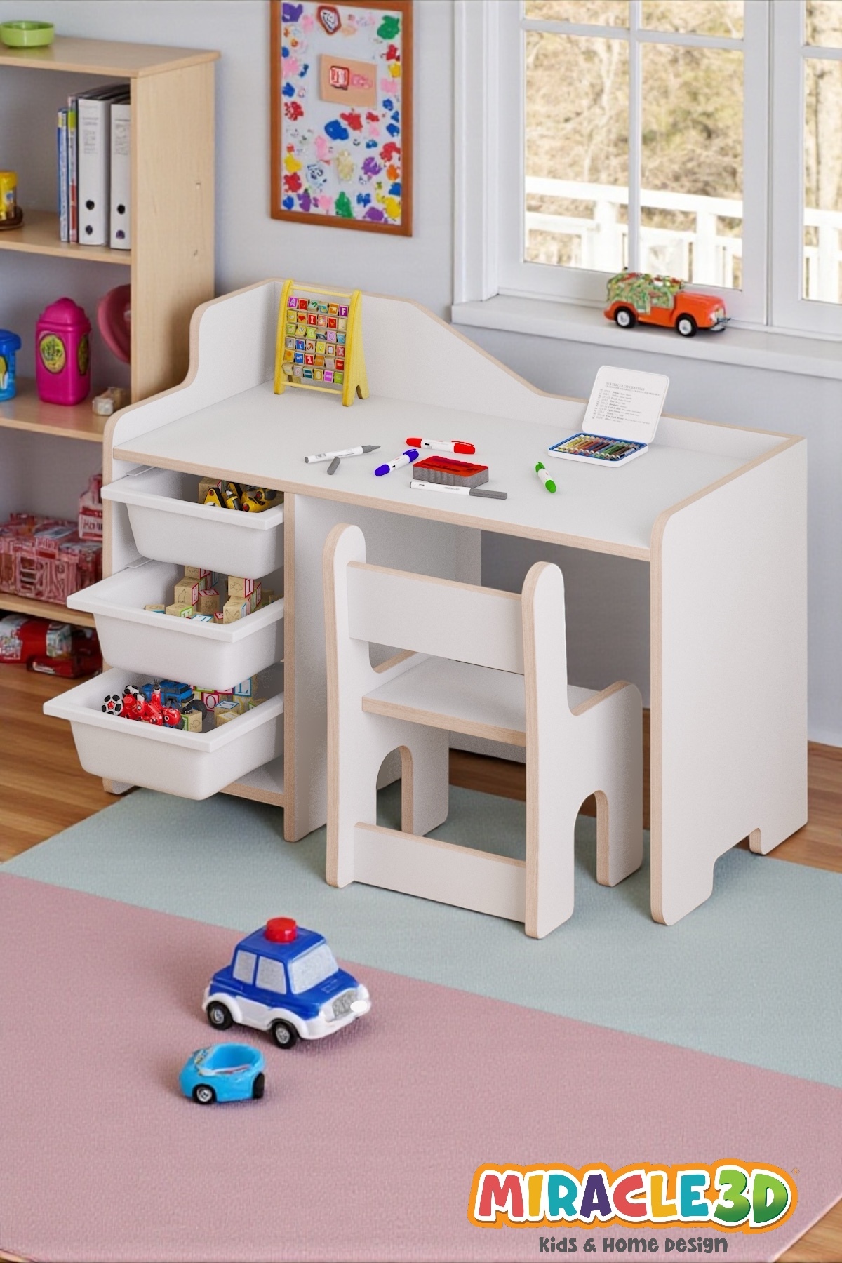 MİRACLE 3D Çocuk Çalışma Masası 90x45 Cm 3 Sepetli Çocuk Çalışma Masası Sırt Dayamalı Sandalye fotoğrafı 6 (önizleme)