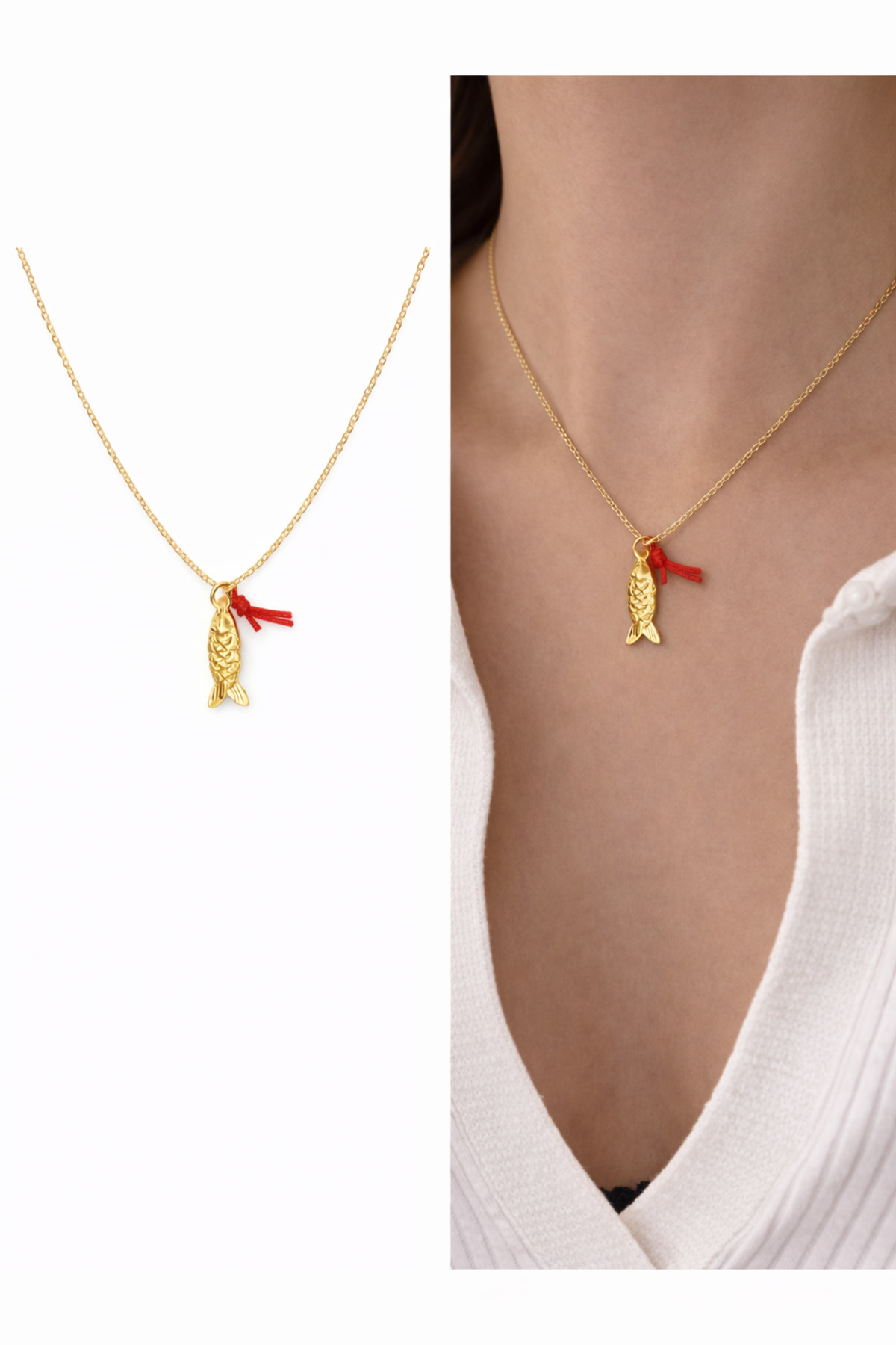 Balık ve Kırmızı Kurdela Charm Altın Kaplama Gold Kadın Kolye (45 cm) – Sevgililer Günü Özel