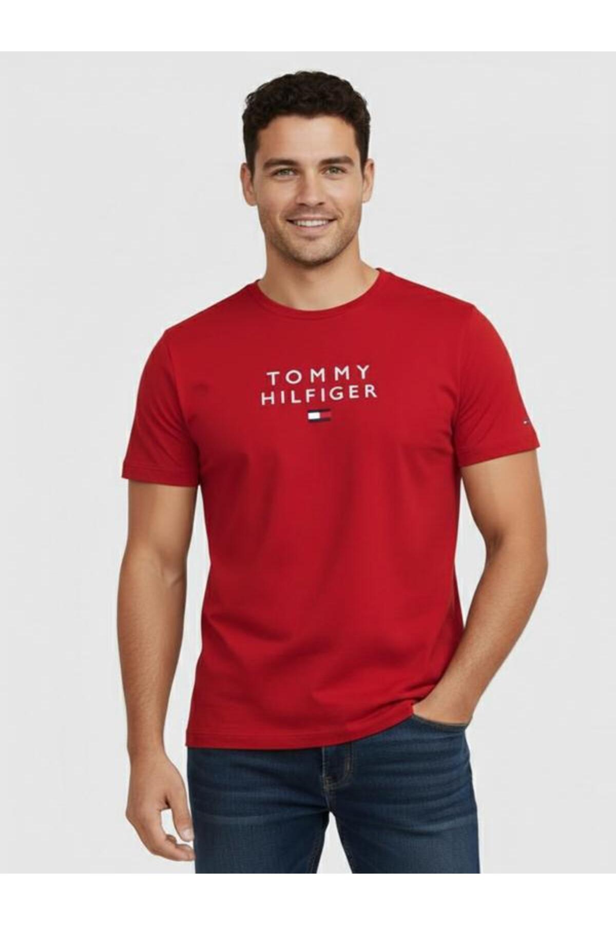 تامی هیلفیگر تی‌شرت مردانه طرح لوگو گلدوزی شده روی سینه از جنس پنبه ارگانیک سایز معمولی