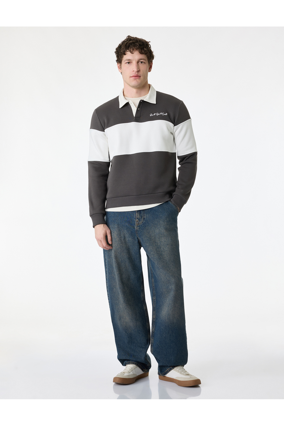 Uzun Kollu İşlemeli Renk Bloklu Polo Yaka Sweatshirt — خاکستری 6SAM70030MK — تصویر 2 از 5