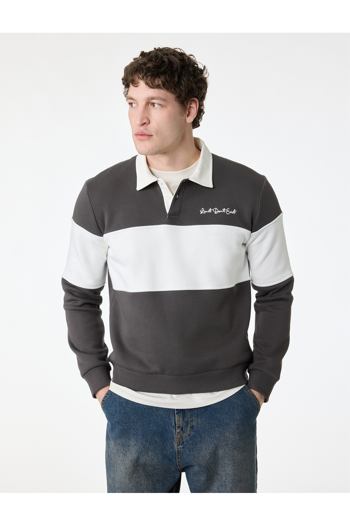 Koton Uzun Kollu İşlemeli Renk Bloklu Polo Yaka Sweatshirt — خاکستری 6SAM70030MK