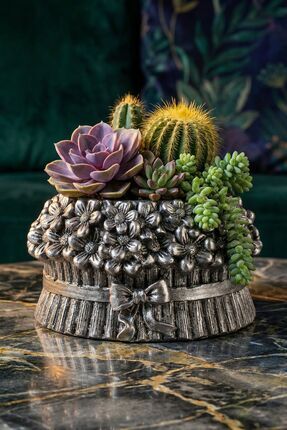 Evene Mini Çiçek Saksı Küçük Sukulent Gümüş Eskitme Kaktüs Saksısı Model 3