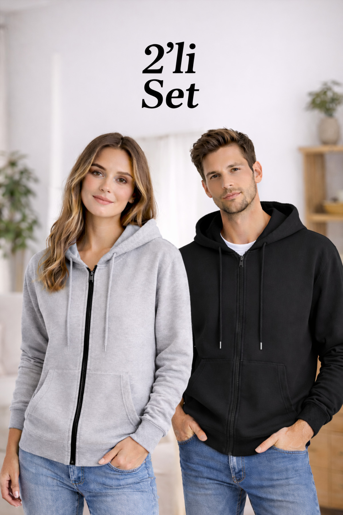 Jooy Company Mevsimlik Siyah ve Gri Renk Fermuarlı Polar Hırka Ceket 2'li Paket