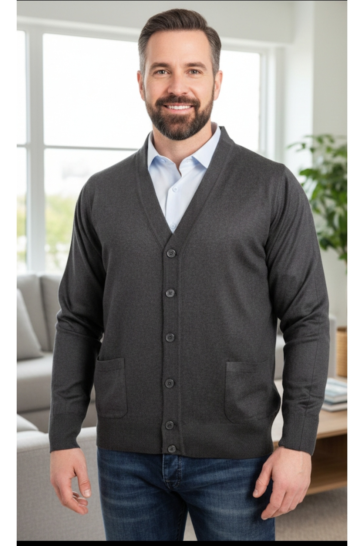 Genel Markalar  Ince Yün Düğmeli Cepli Triko Erkek Hırka