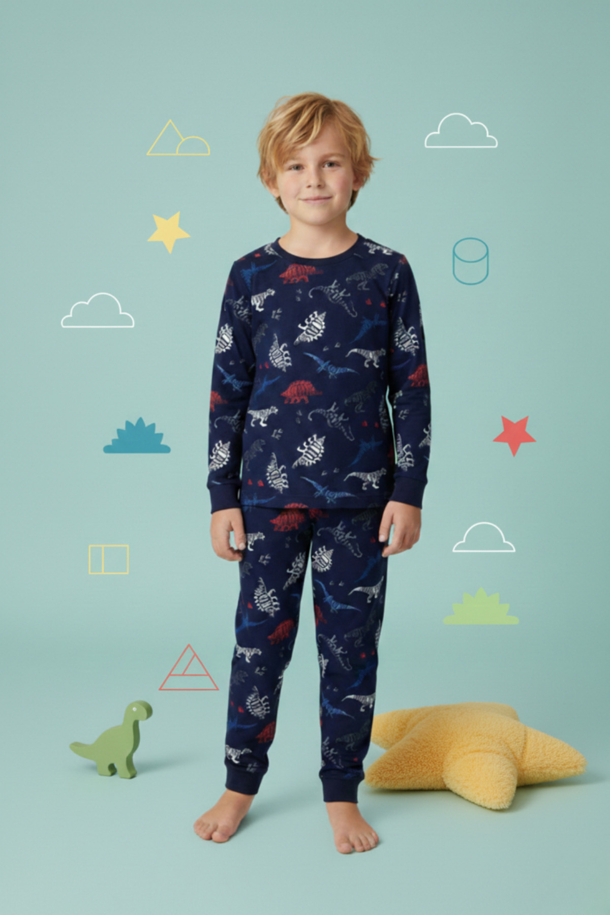 MADALİNA Erkek Çocuk %100 Pamuklu Lacivert Dinazor Desenli Pijama Takımı fotoğrafı 3 (önizleme)