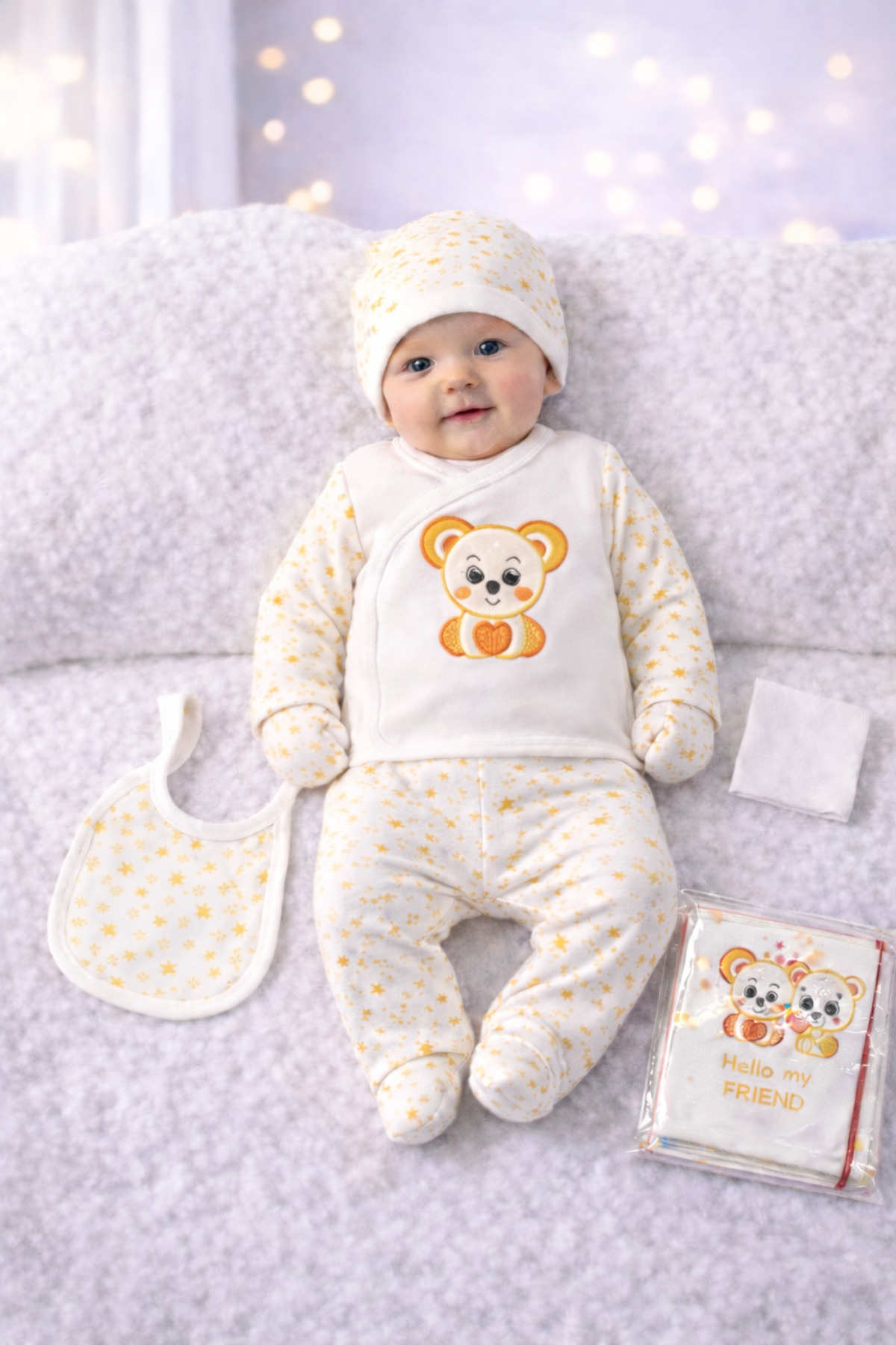 Petino Yenidoğan Hastane Çıkış Seti 10 Parça Koala Nakışlı %100 Pamuk Bebek Seti Sarı Unisex fotoğrafı 3 (önizleme)