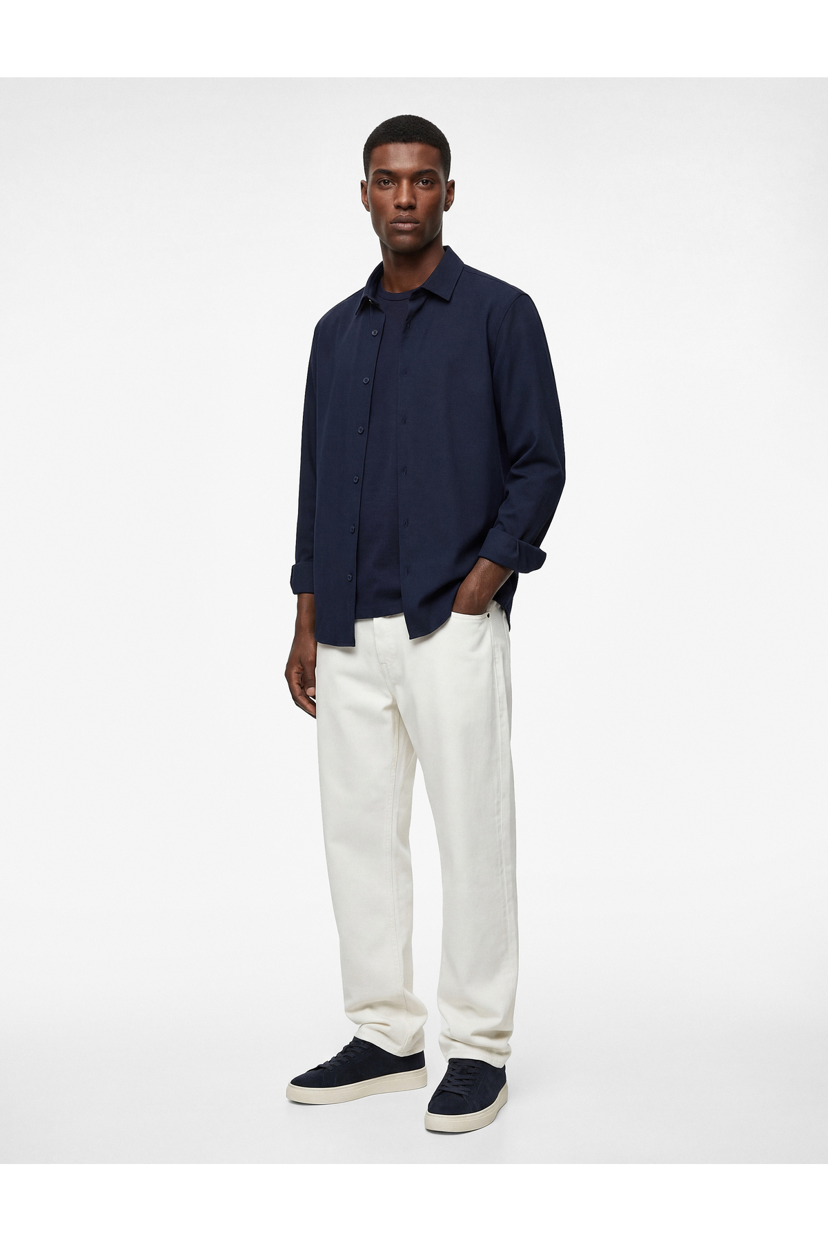 کوتون پیراهن کلاسیک آستین بلند یقه نیمه ایتالیایی دکمه‌دار سایز معمولی