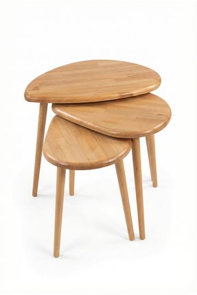 BAUPOR Doğal Ahşap Masif 3'lü Zigon Sehpa , Modern Asimetrik Iskandinav Sehpa...