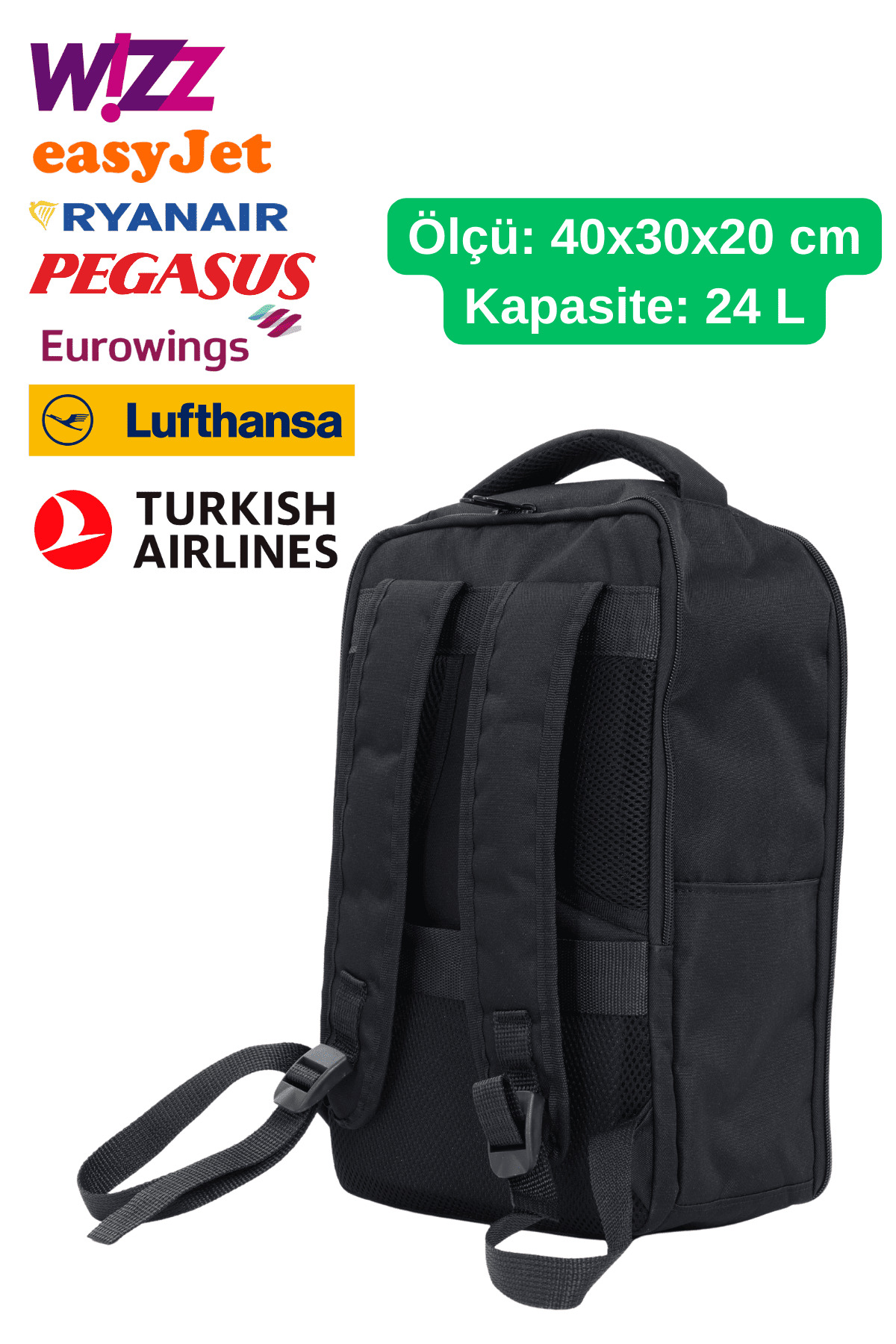 Jet Turtle  Seyahat Sırt Çantası 40cm 40x30x20 cm Pegasus, Wizz Air, Ryanair, El Valizi Koltuk Altı Valizi - Görsel 8