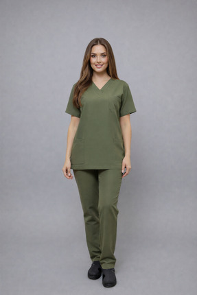 AYDAĞ LİKRALI HAKİ YEŞİL CERRAHİ DOKTOR HEMŞİRE SCRUBS TAKIMI