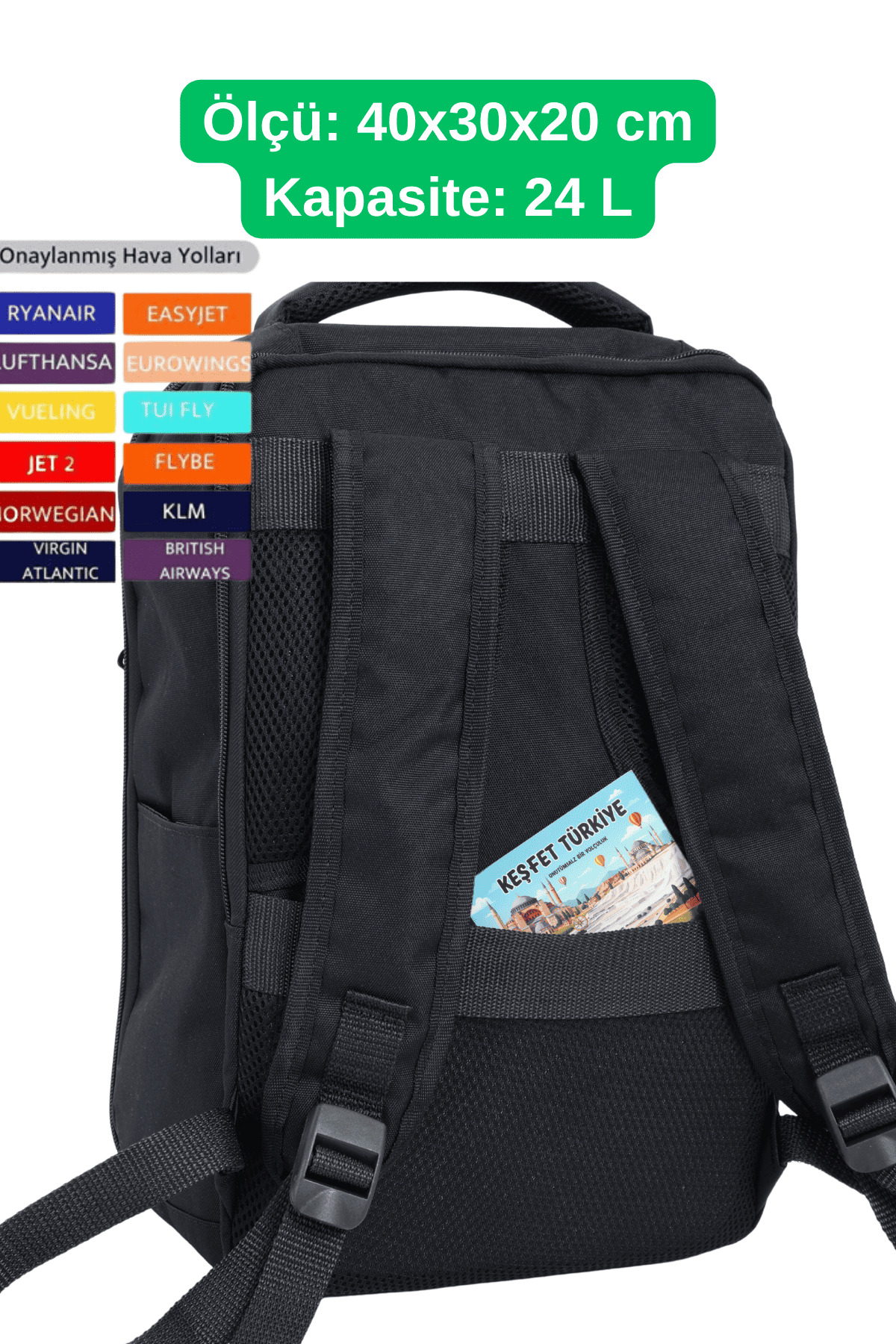 Jet Turtle  Seyahat Sırt Çantası 40cm 40x30x20 cm Pegasus, Wizz Air, Ryanair, El Valizi Koltuk Altı Valizi - Görsel 7