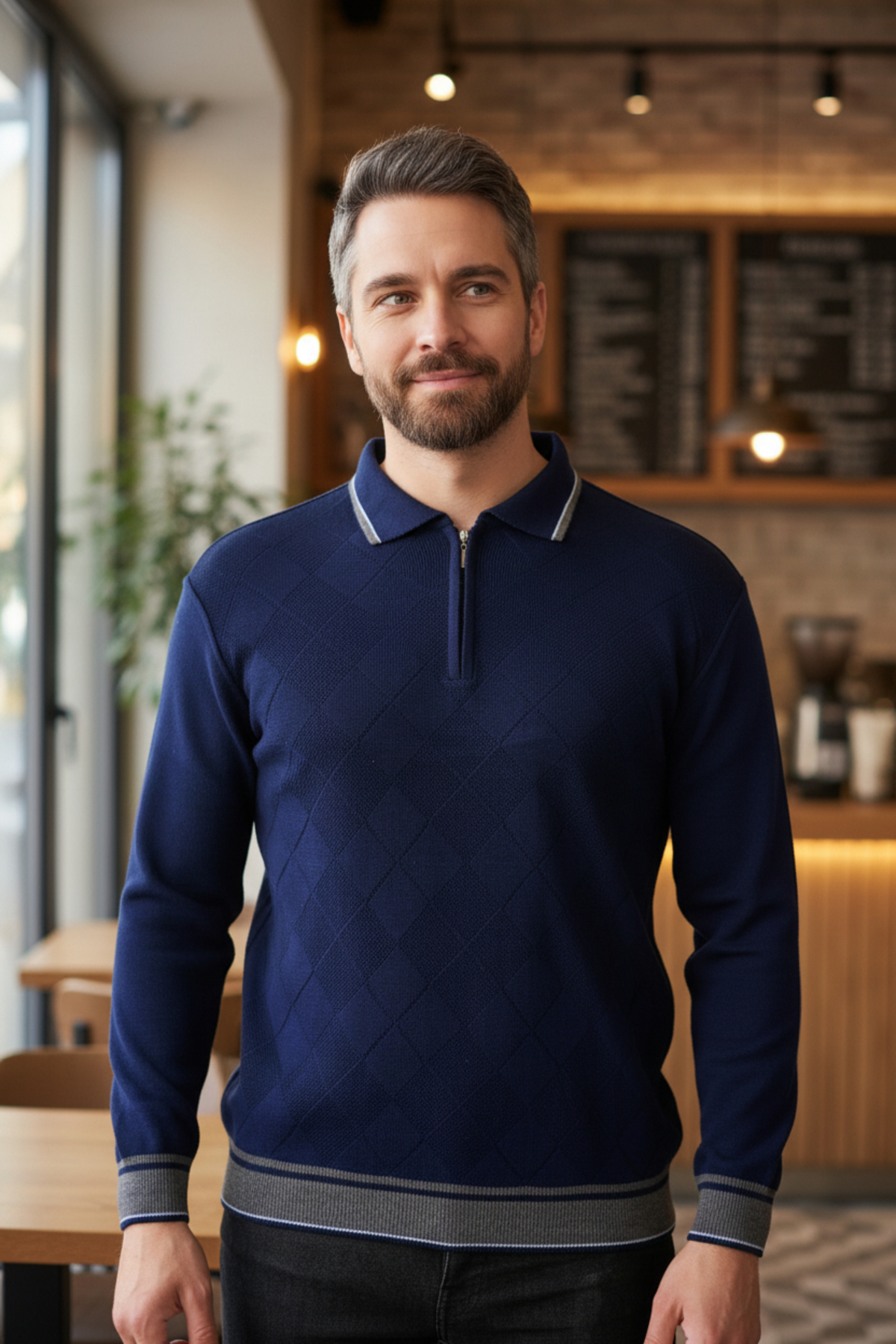 Kamalı  Erkek Lacivert Tüylenme Yapmayan Anti-pilling Standart Fit Normal Kesim Polo Yaka Triko Kazak - Görsel 2