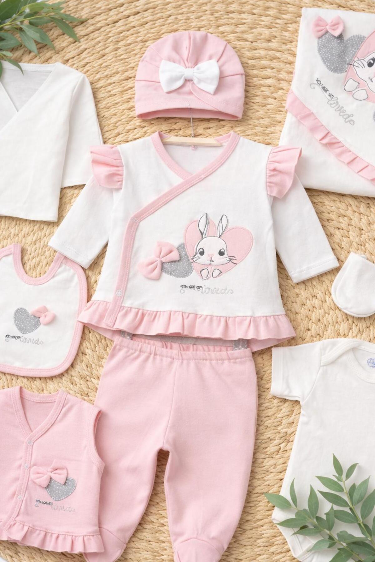 BYS BABY FASHION 10'lu Pamuklu Fırfır Ve Fiyonk Detaylı Yenidoğan Kız Bebek Hastane Çıkış Zıbın Seti Mevsimlik Kutulu fotoğrafı 2 (önizleme)