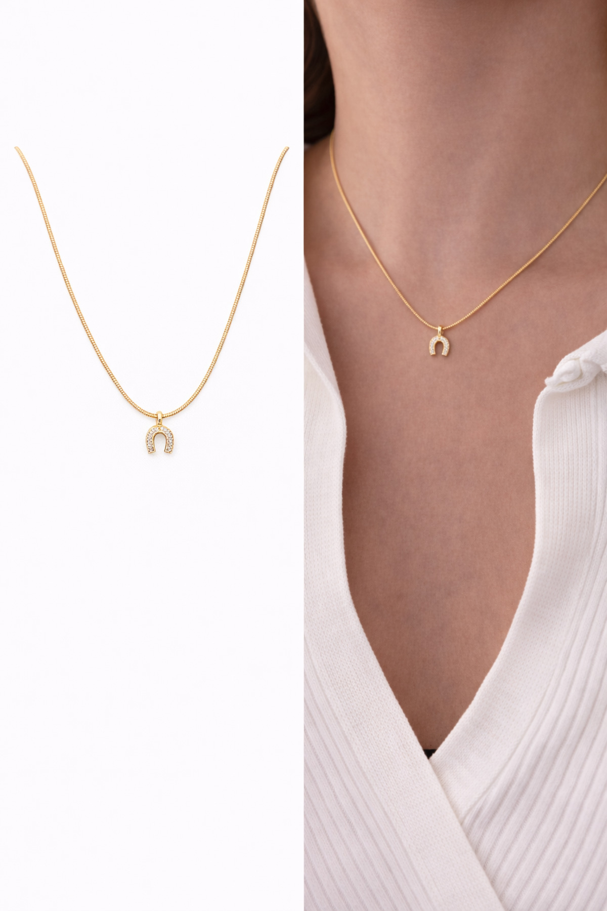 Sedefli Nal Charm Yılan Zincir 45 Cm Altın Kaplama Gold Kadın Kolye – Sevgililer Günü Özel