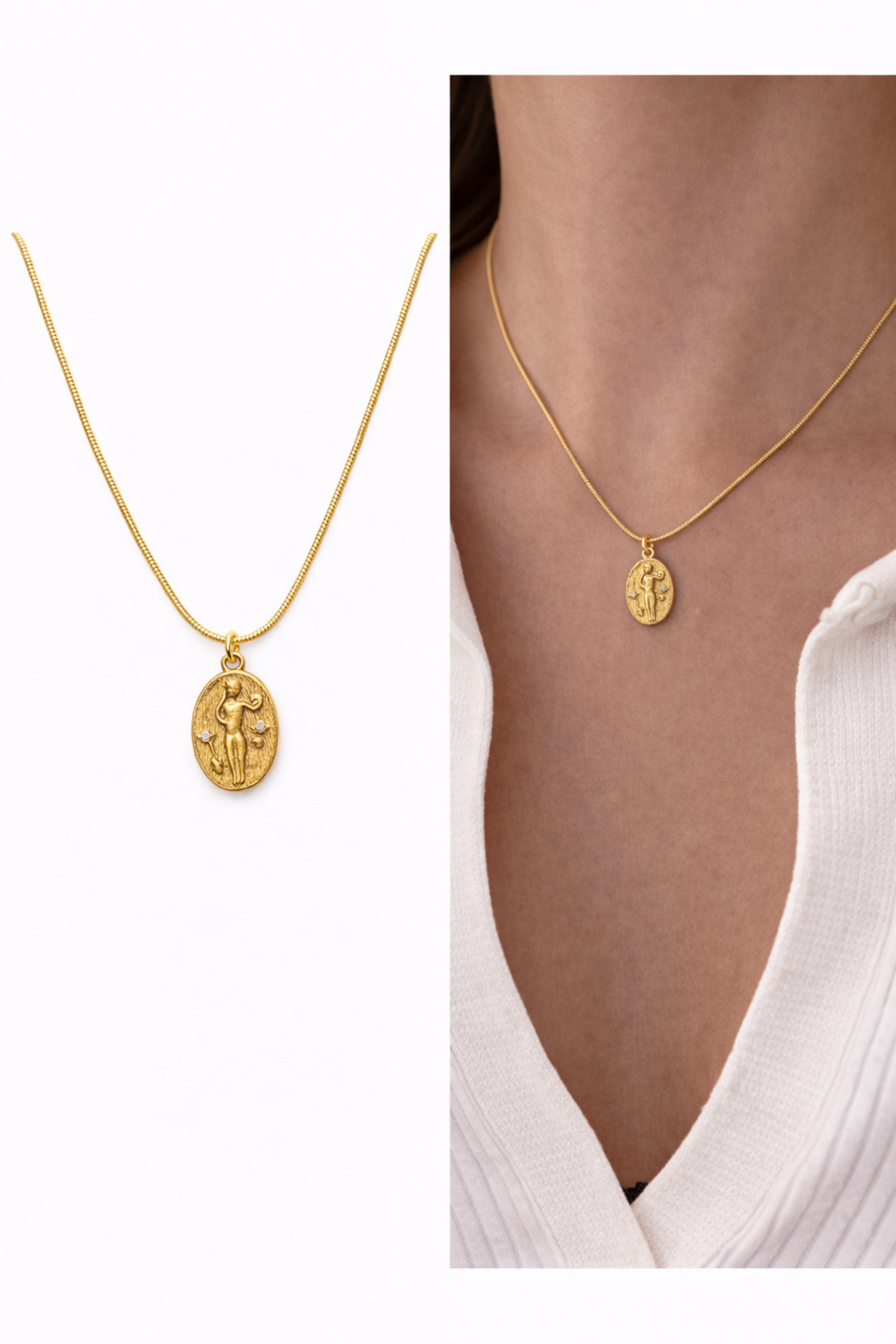 Taşlı Kadın Figür Charm Yılan Zincir Altın Kaplama Gold Kadın Kolye (45 cm) – Sevgililer Günü Özel