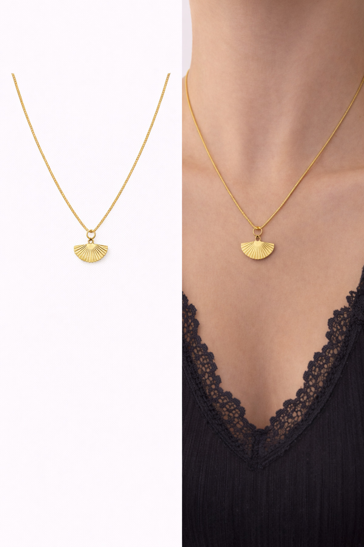 Gold Renk Yelpaze Charm Yılan Zincir Çelik Kadın Kolye (45 Cm) – Sevgililer Günü Özel - Detay Görseli 7