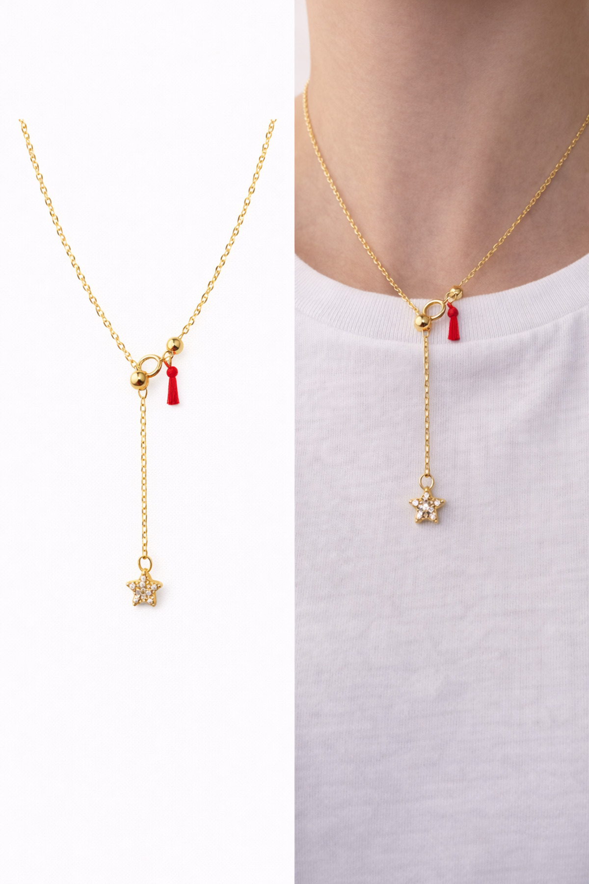 Taşlı Yıldız Plaka Charm Yılan Zincir Altın Kaplama Gold Kadın Kolye (45 Cm) – Sevgililer Günü Özel