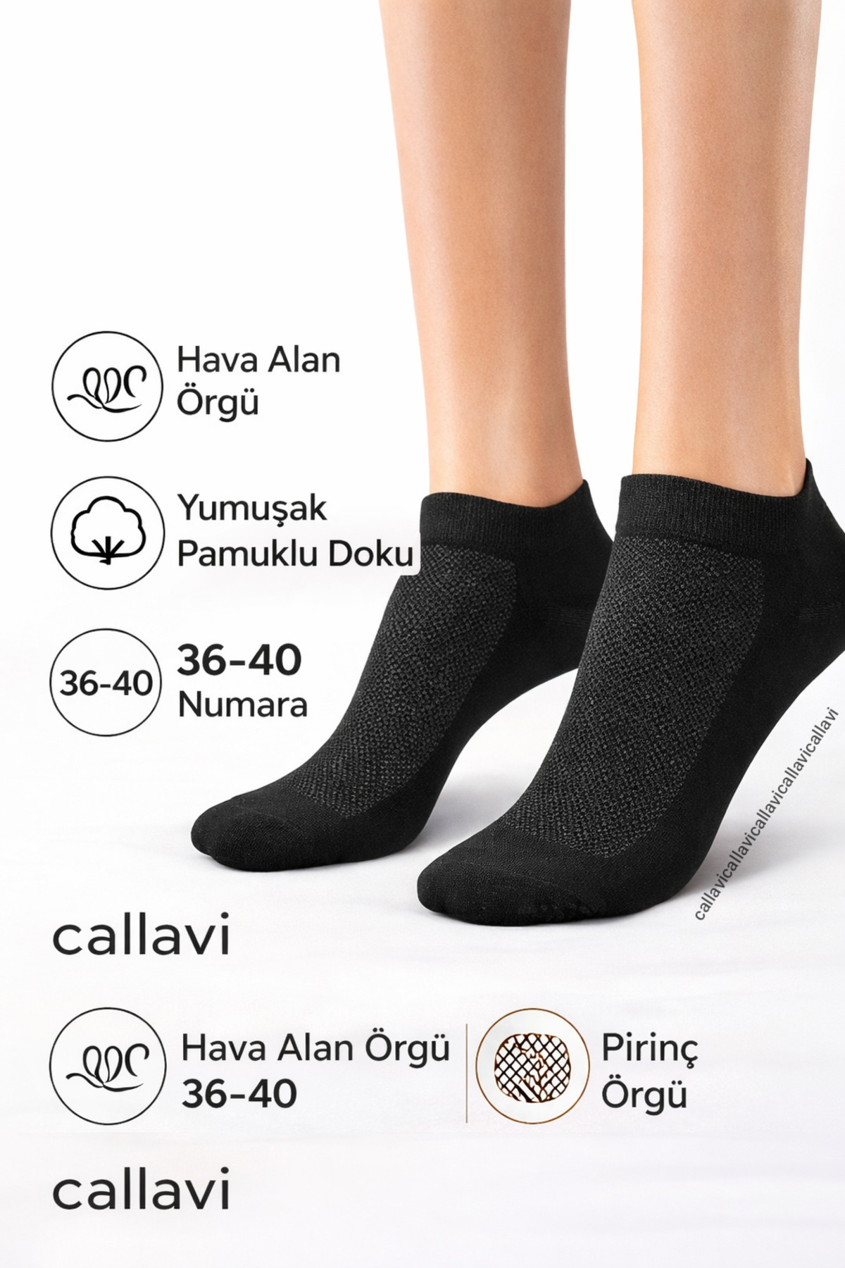 CALLAVI Siyah Patik Penye Pirinç Örgü 10çift görsel 2