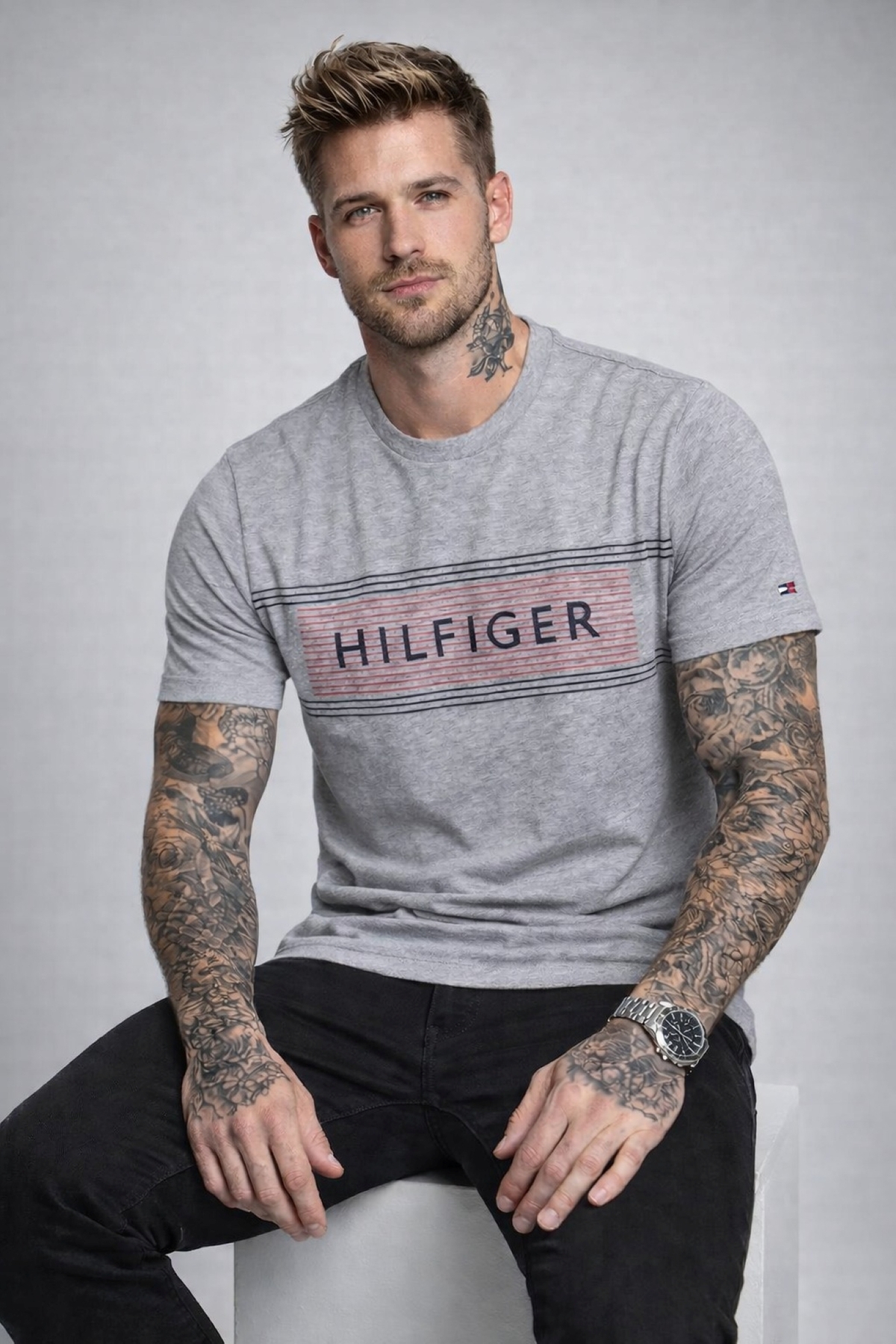 تامی هیلفیگر تی‌شرت مردانه یقه گرد طرح‌دار ۱۰۰٪ پنبه TH
