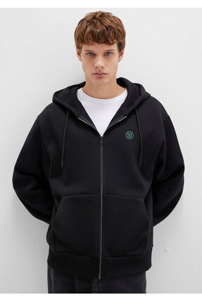Mavi Mühür Logo Nakışlı Kapüşonlu Fermuarlı Siyah Sweatshirt 066979-900