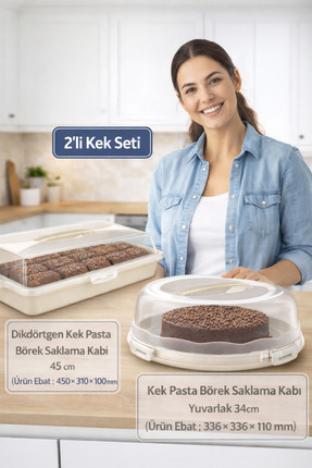 PONÇİK STORE 34cm Kek Pasta Börek Saklama Kabı & 45 Cm Kilitli Dikdörtgen Taş...
