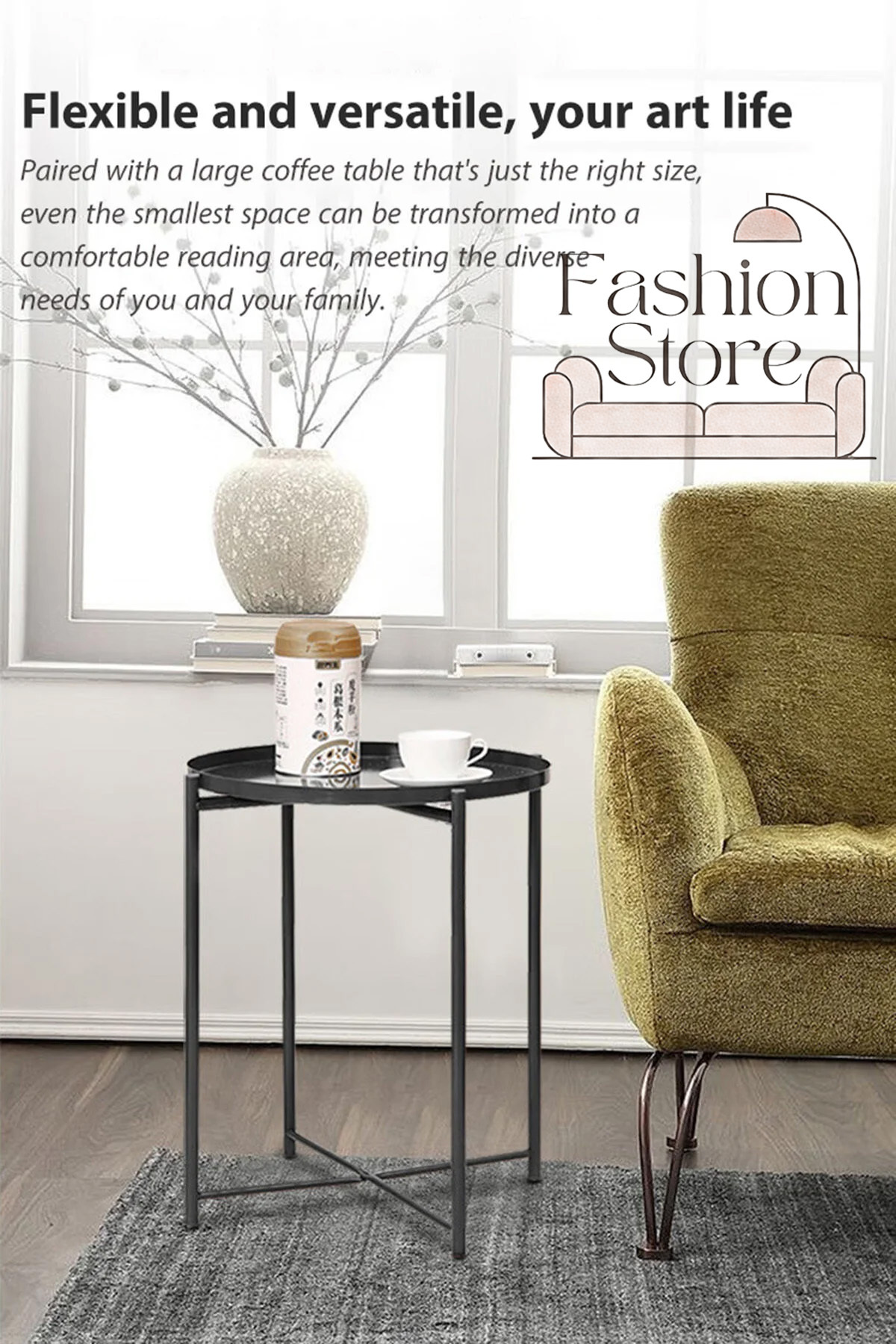 طاولة دائرية من الفولاذ الأسود من فاشن، مقاس 45 × 53 × 45 سم