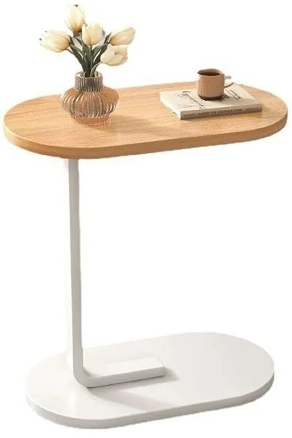 طاولة قهوة عصرية | طاولة جانبية علي شكل حرف سي سطح خشبي بني وهيكل معدني باللون الأسود 60x28x40 سم