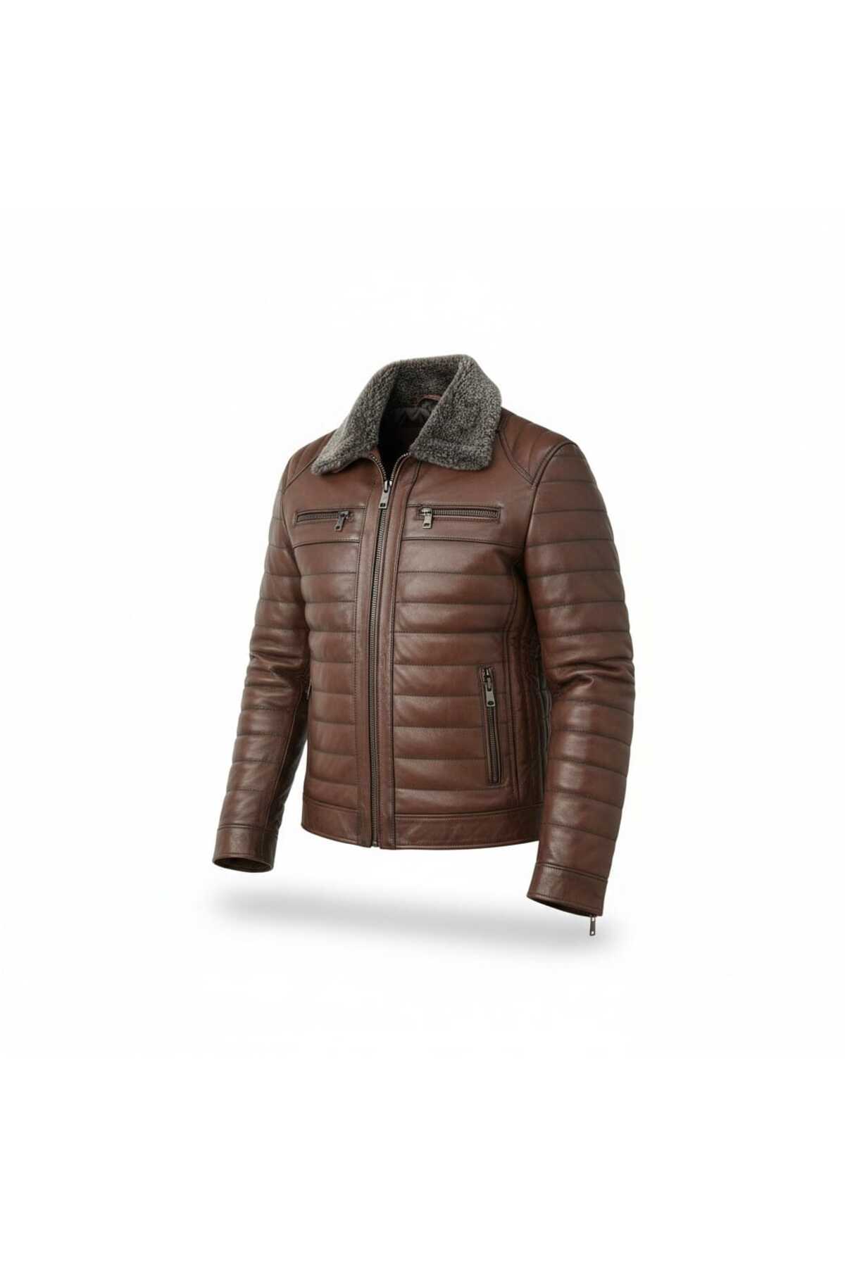 MODA  Erkek Kahverengi Yakası Kürklü Fermuarlı İçi Astarlı Hakiki Deri Mont Ceket - Görsel 3