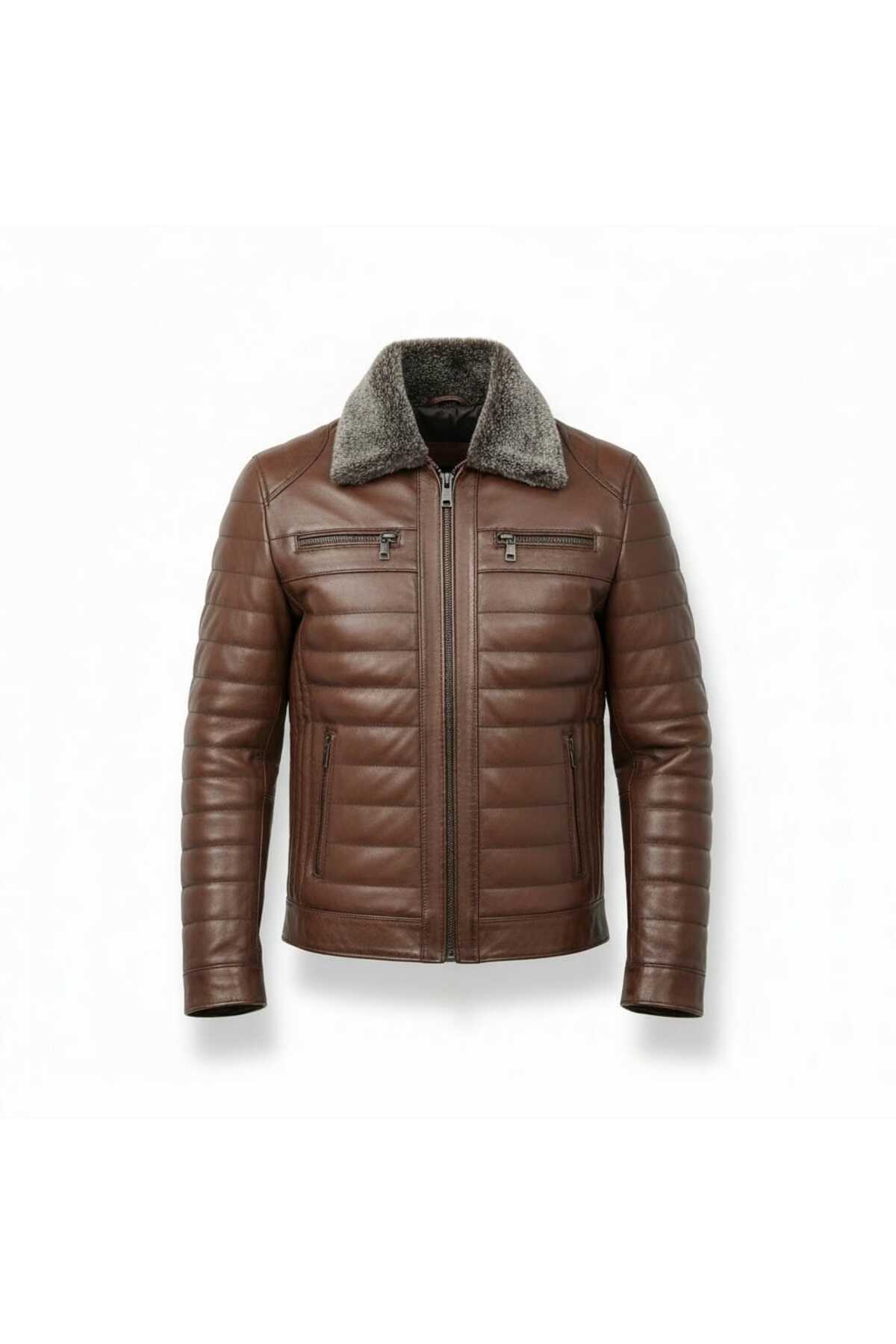 MODA  Erkek Kahverengi Yakası Kürklü Fermuarlı İçi Astarlı Hakiki Deri Mont Ceket