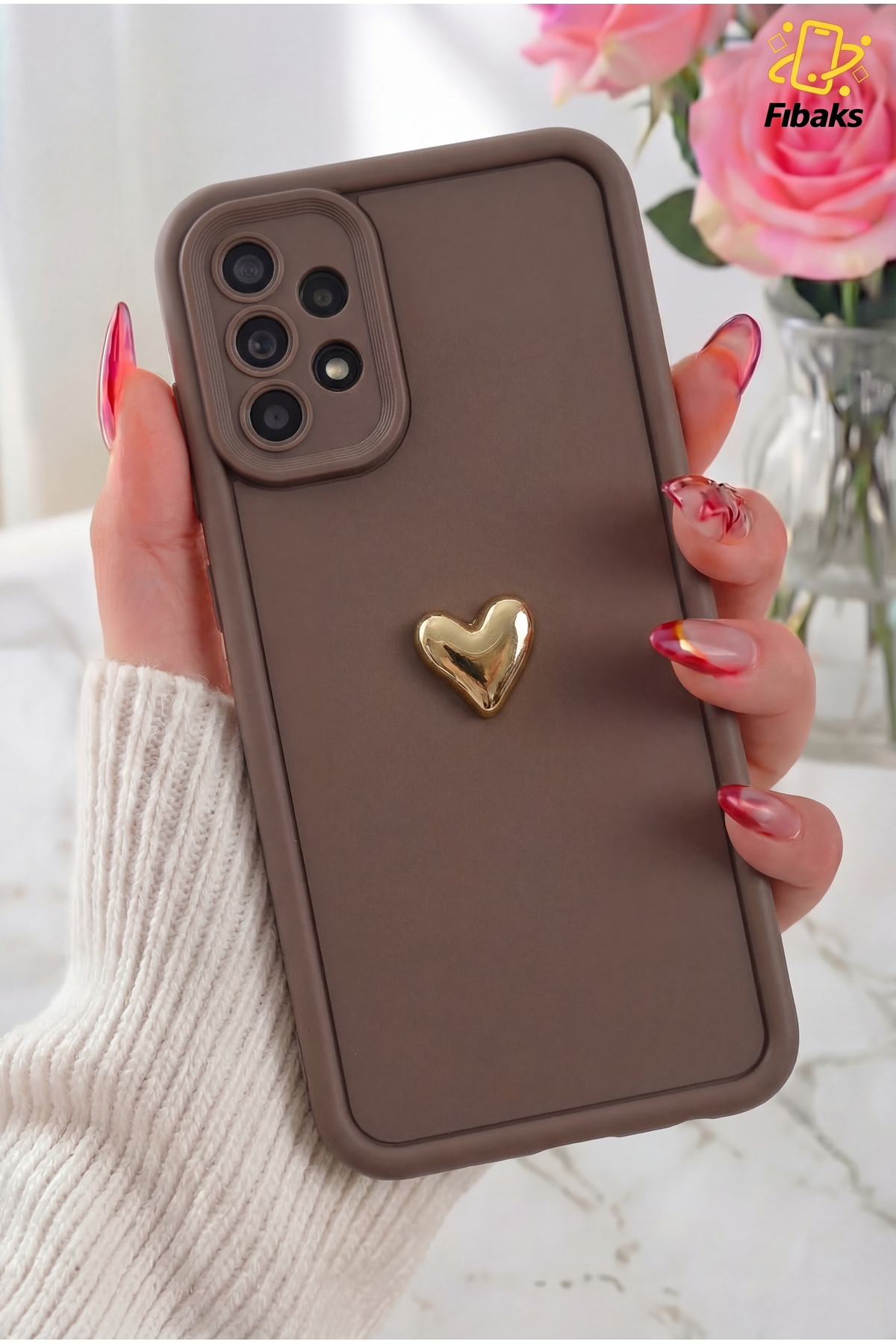 Galaxy A32 4G Case Brown Pattern Soft Camera Protected Silicone Cover with 3D Heart Design