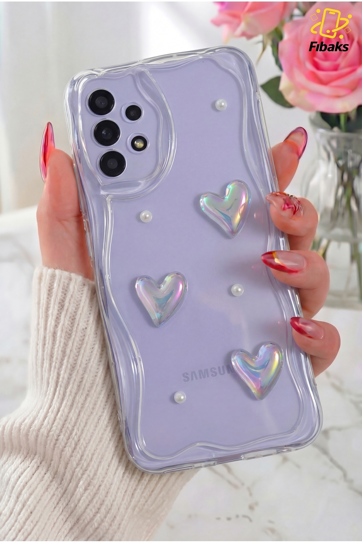 Galaxy A23 Case 3D Heart Pearl Design Patterned Camera Protected Transparent Silicone Cover