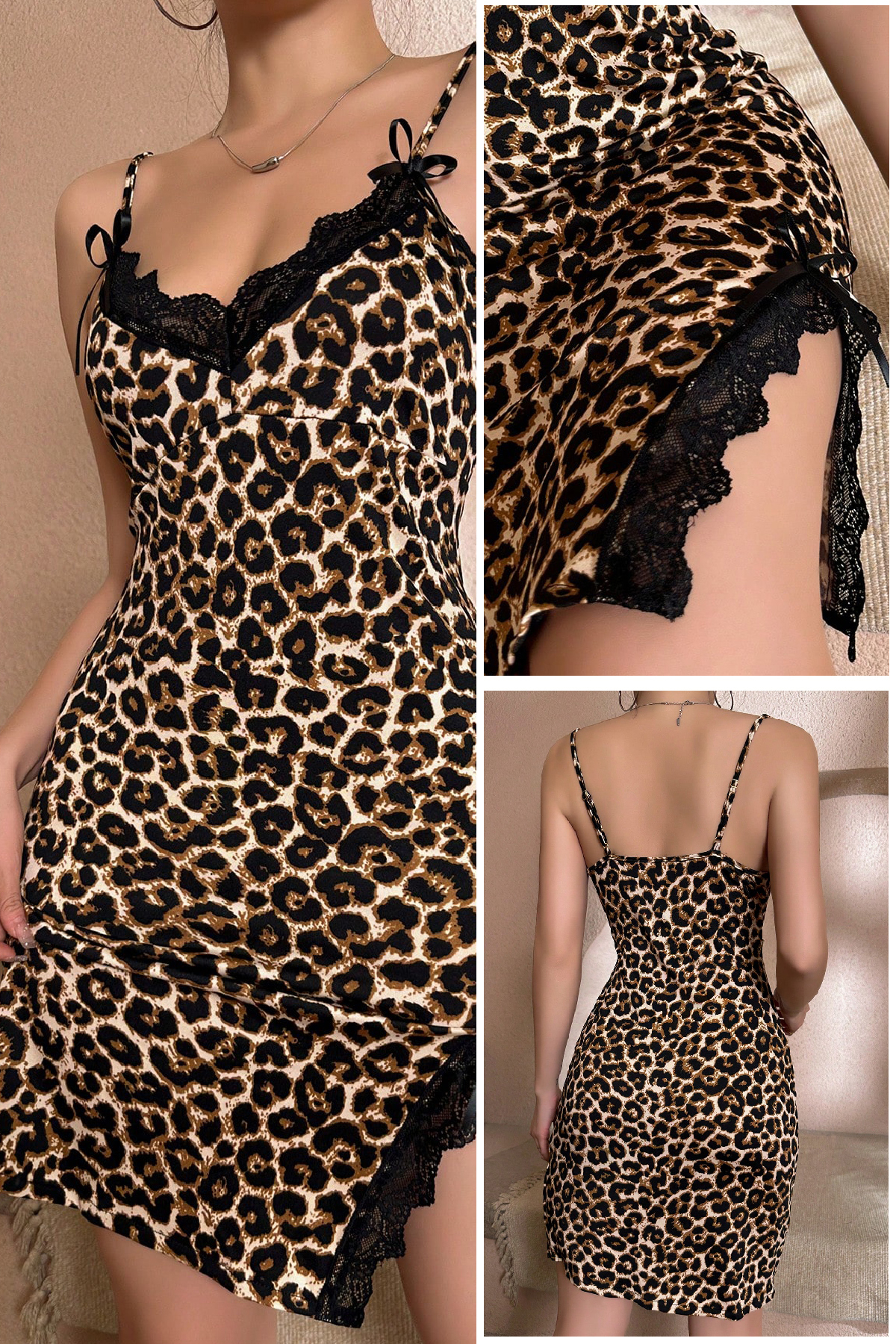 Imoda  Leopar Desenli Dantelli Askılı Kadın Gecelik – Yırtmaç Detaylı, Seksi ve Şık İç Giyim - Görsel 2