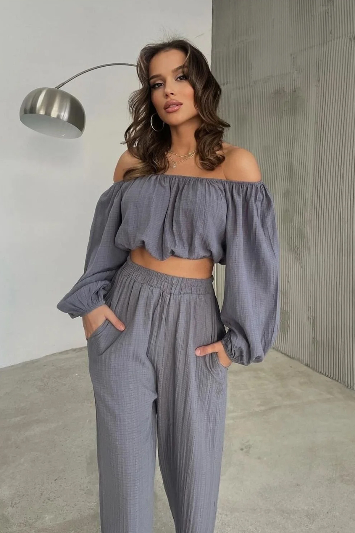 FASHION COCKTAIL Letnji boemski pantaloni s otvorenim ramenima, elastični, kr...