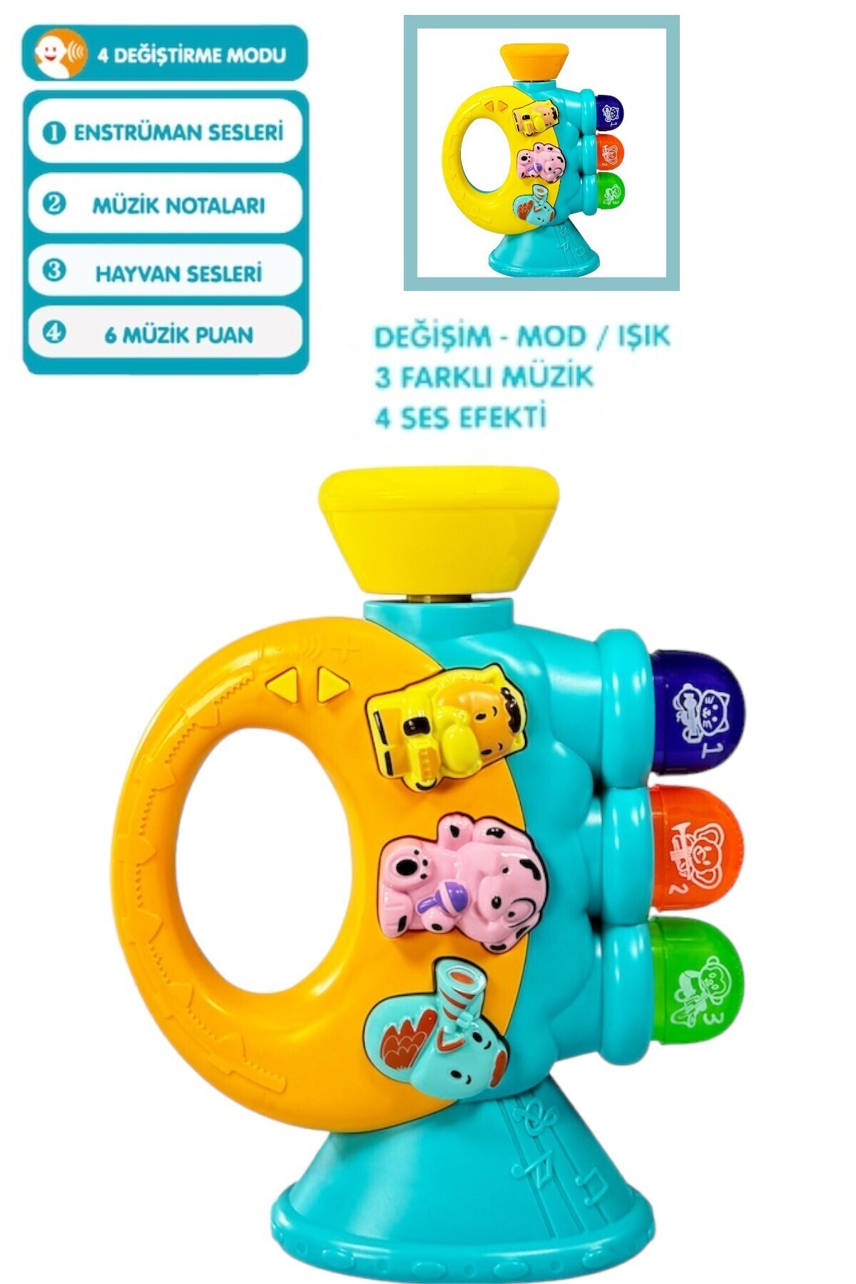 YILDIRIM OYUNCAK Işıklı ve Müzikli Trompet Piyanosu -  Hayvan Sesi Melodi ve Ninni Çalan Bebek Piyanosu fotoğrafı 3 (önizleme)