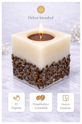 Dekor İstanbul Büyük Boy Kahveli Mum – El Yapımı Doğal Soya Mum, Dekoratif Ka...