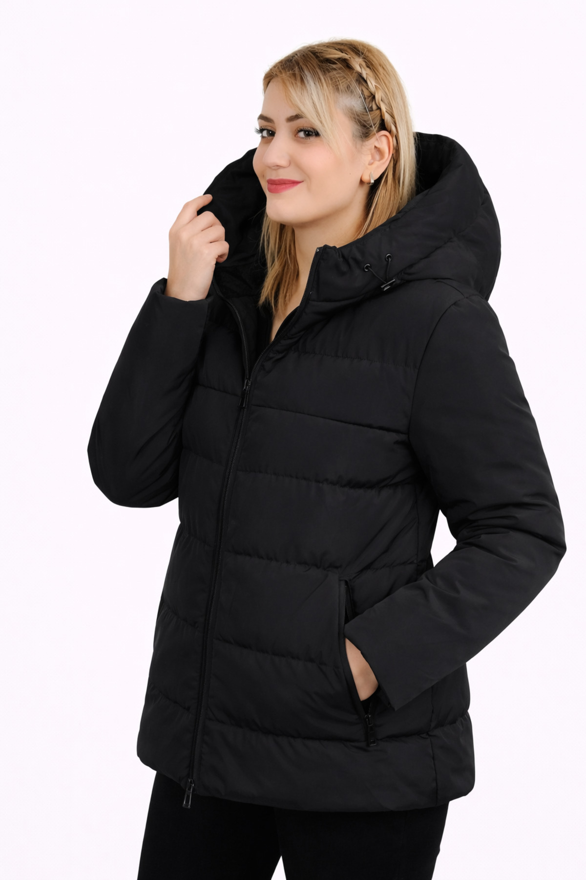 Montland  Kadın Siyah Kapüşonlu Astarlı Su Geçirmez Rüzgara Dayanıklı Şişme Mont & Kaban & Parka - Görsel 3