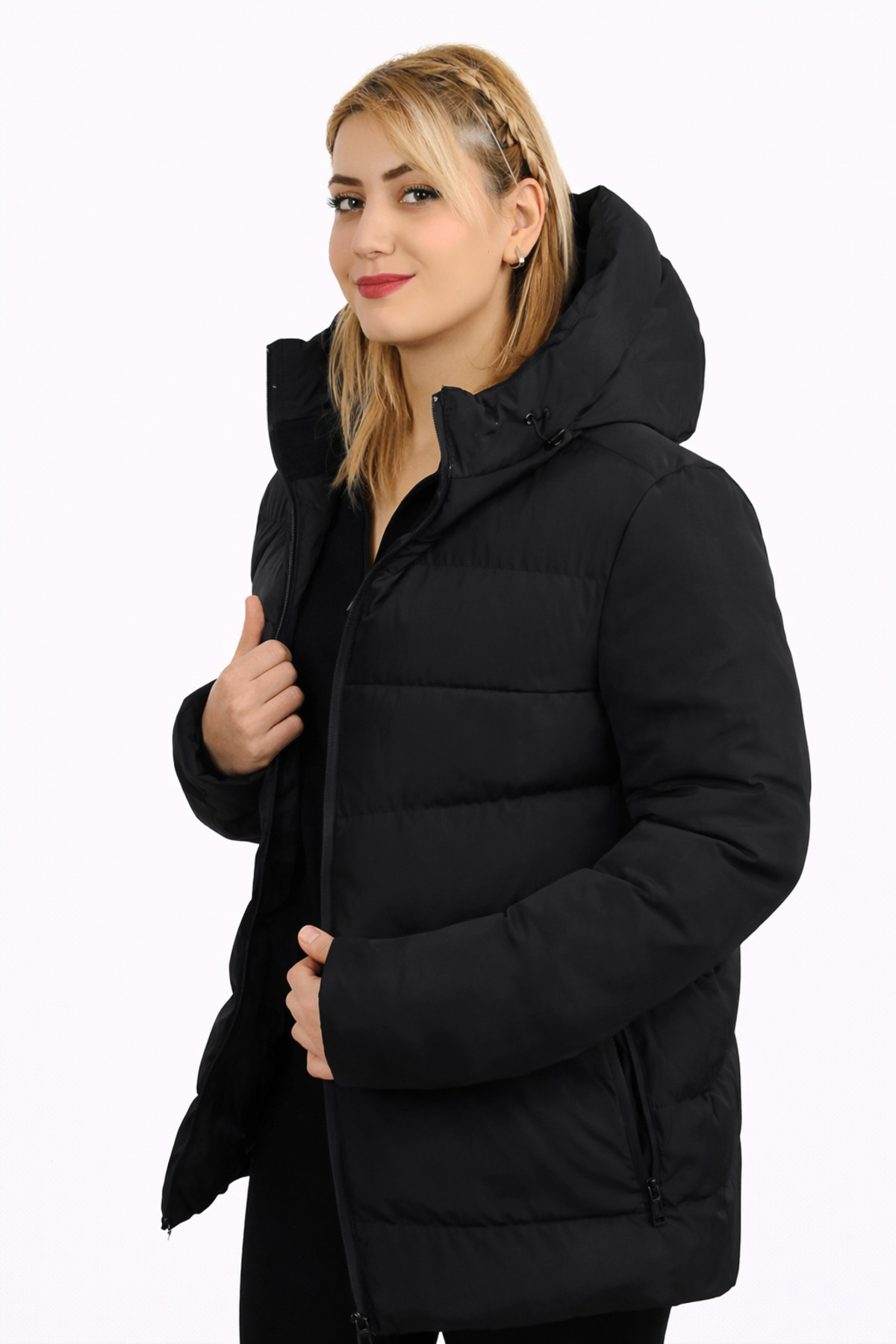 Montland  Kadın Siyah Kapüşonlu Astarlı Su Geçirmez Rüzgara Dayanıklı Şişme Mont & Kaban & Parka - Görsel 2